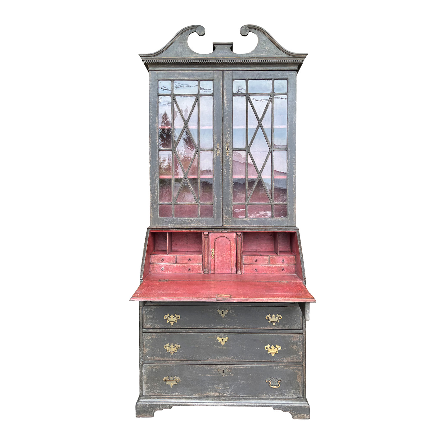 19th Century British Antique Victorian Two-Part Pinewood Secretary Cabinet