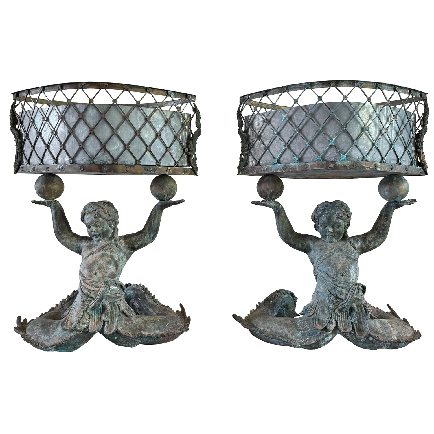 19th Century Pair of Antique French Bronze Jardinières with Putti & Shell Bases