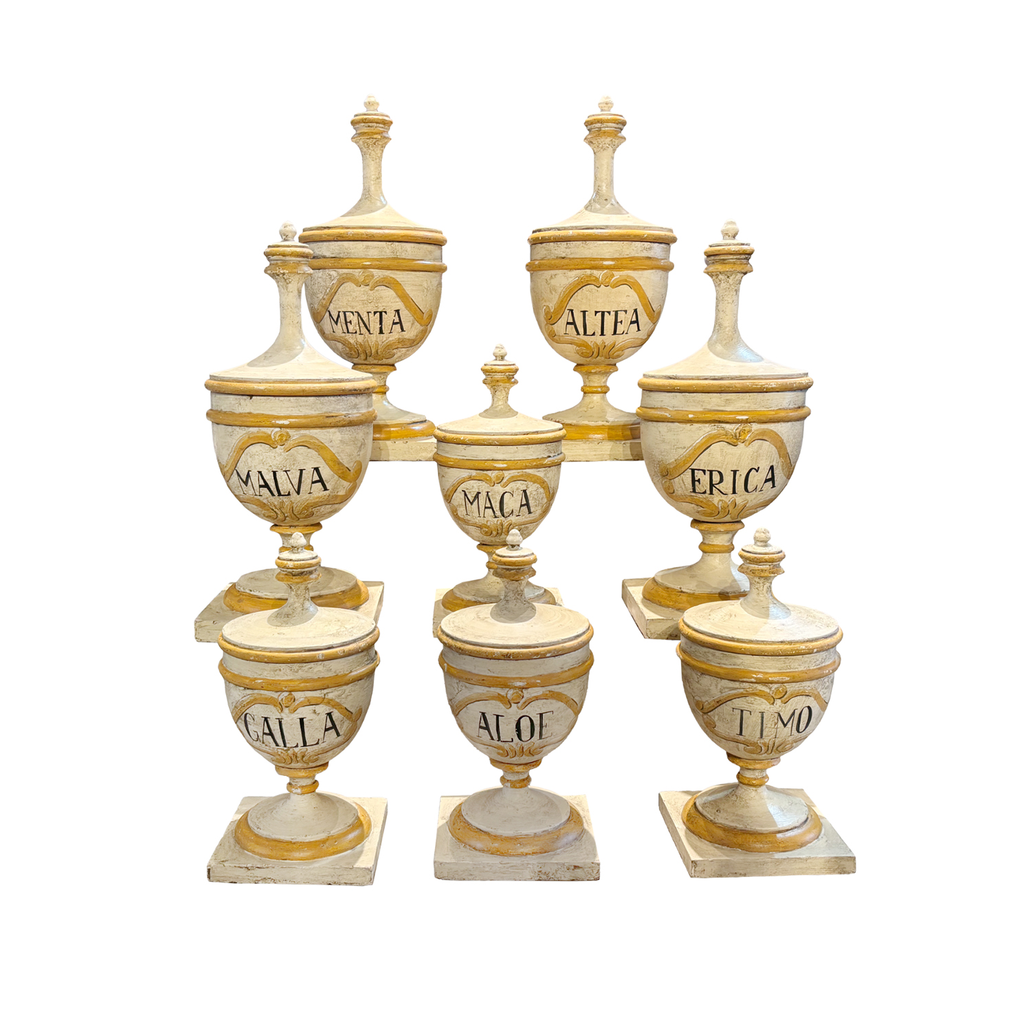 Antique Tuscan Apothecary Herb Containers White Set of Eight