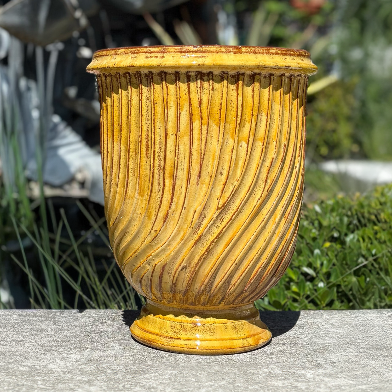 Anduze Garden Urn Striped Design in Yellow Glaze