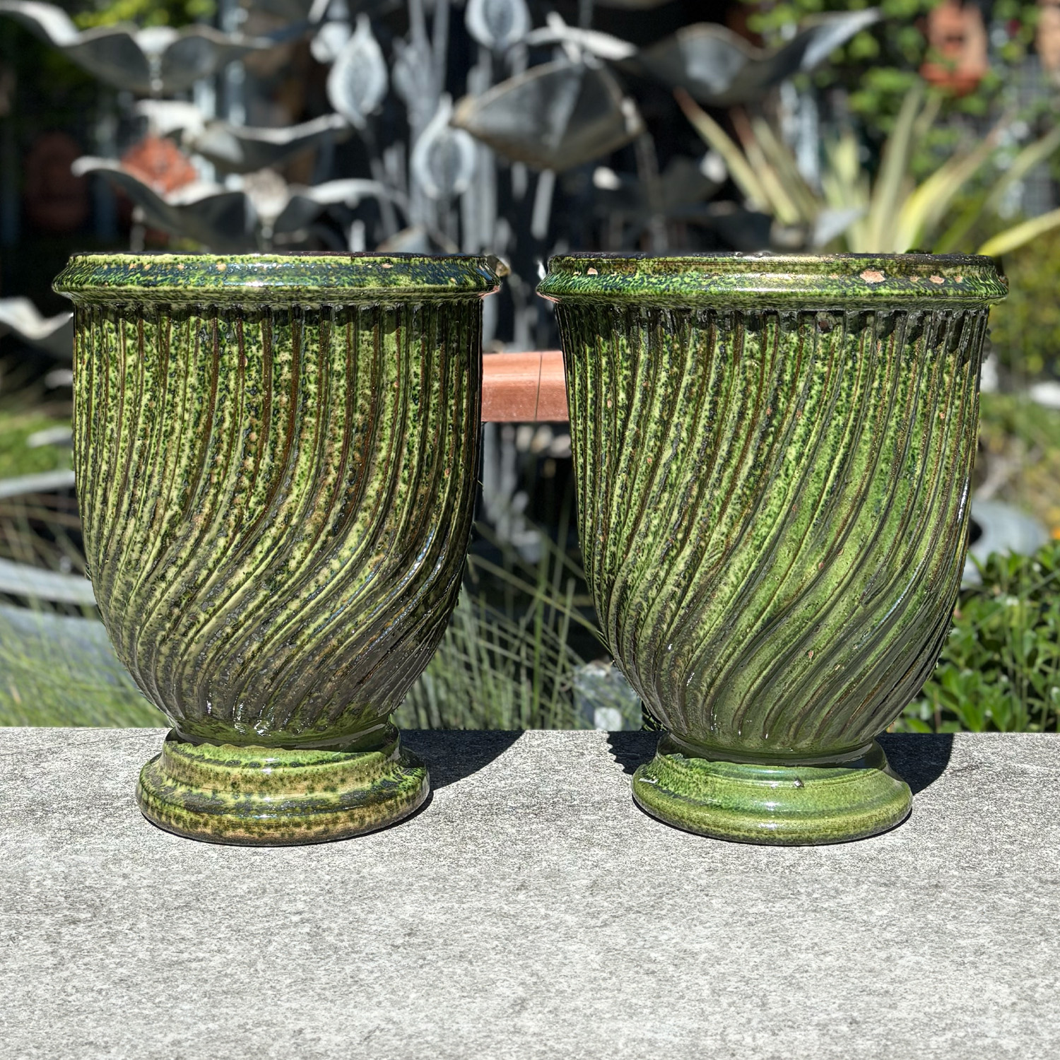 Pair of Anduze Garden Urns Strie in Green Glaze
