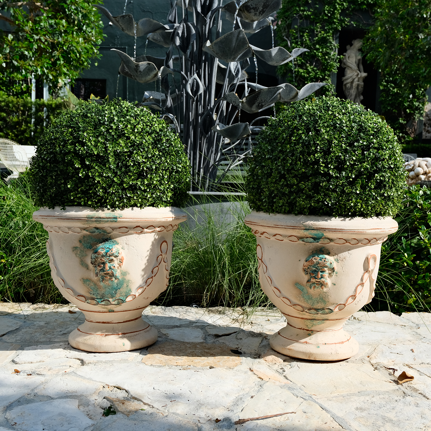 Pair of French Cup Garden Planter Urns in Ceramic in Antica Turquoise