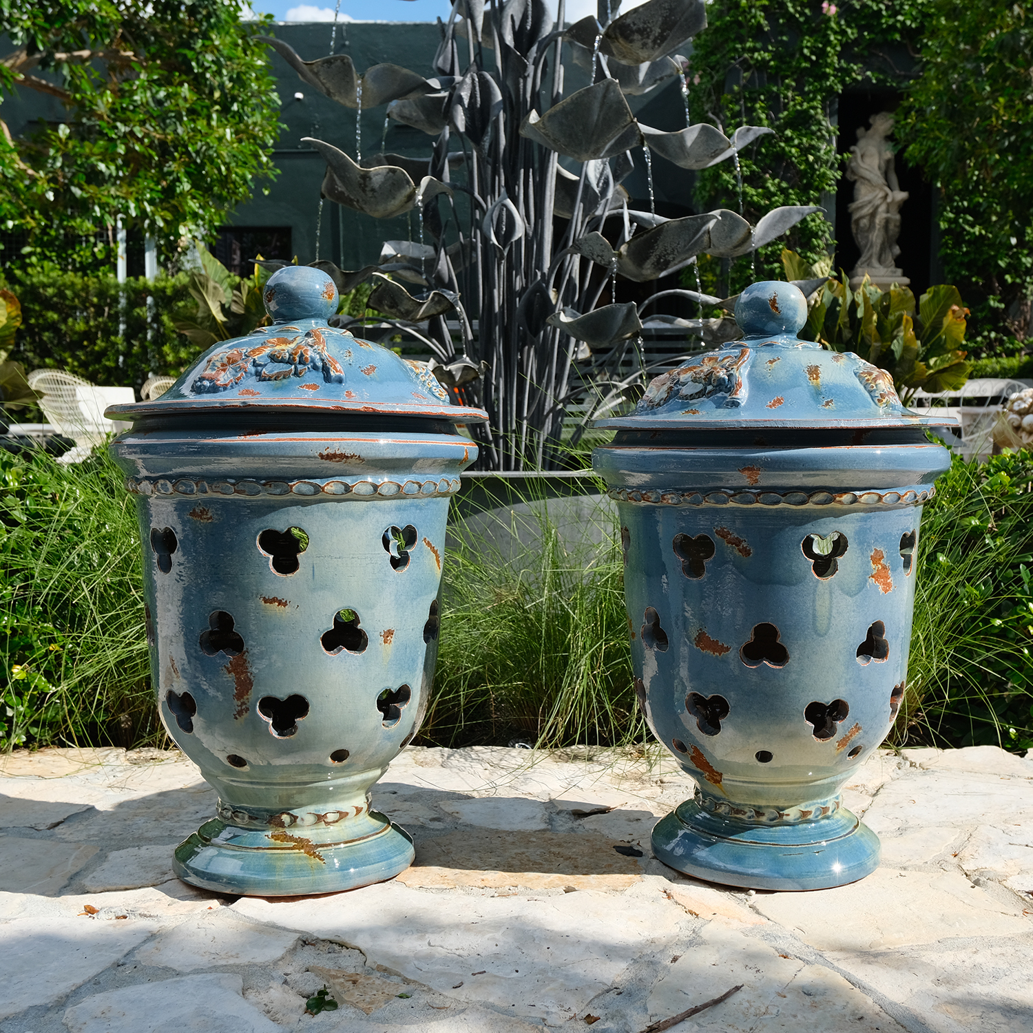 Pair of Large Provencal Garden Lanterns with a Méditerranean Blue Patina