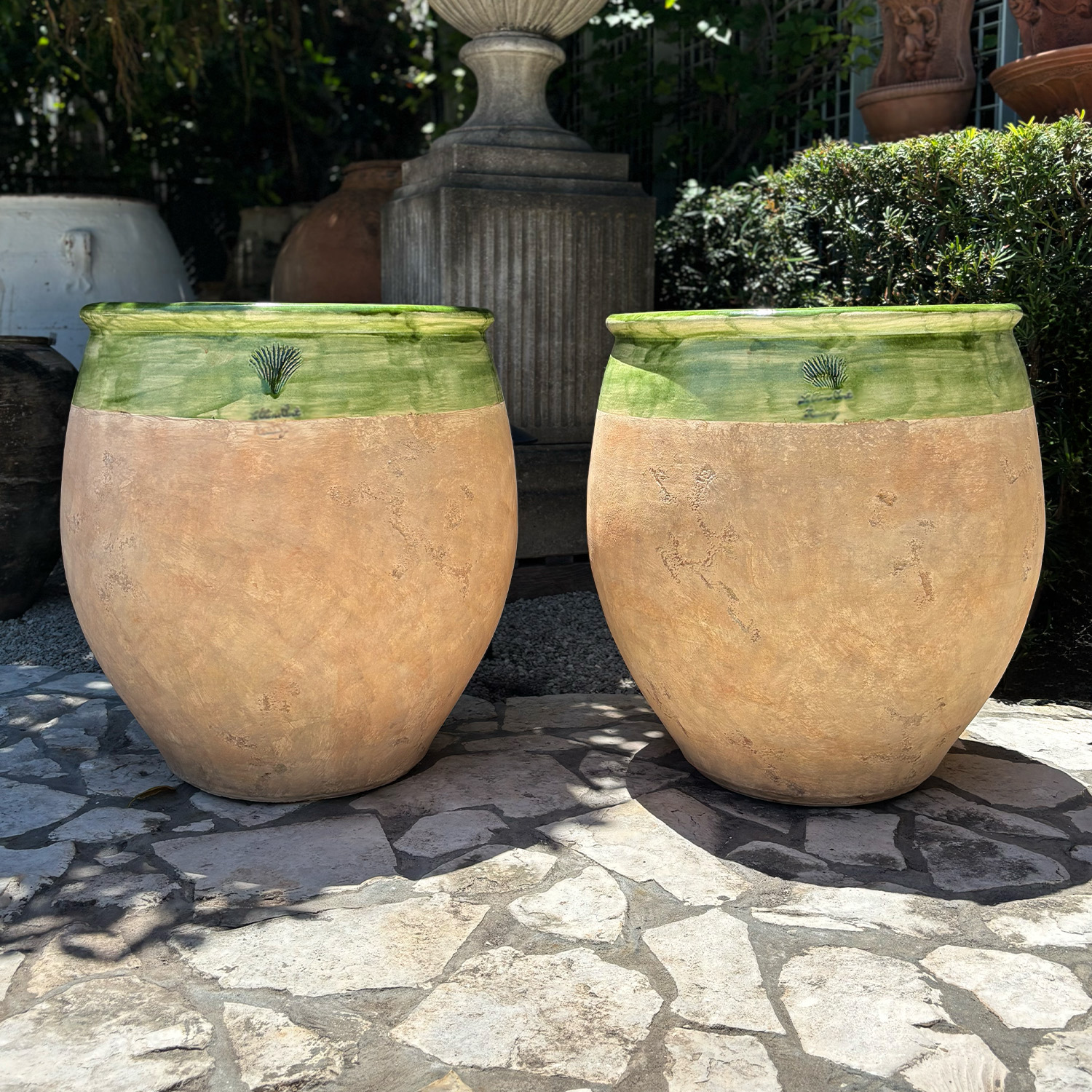 Pair of Green Wide Rimmed French Terra Cotta Garden Pots