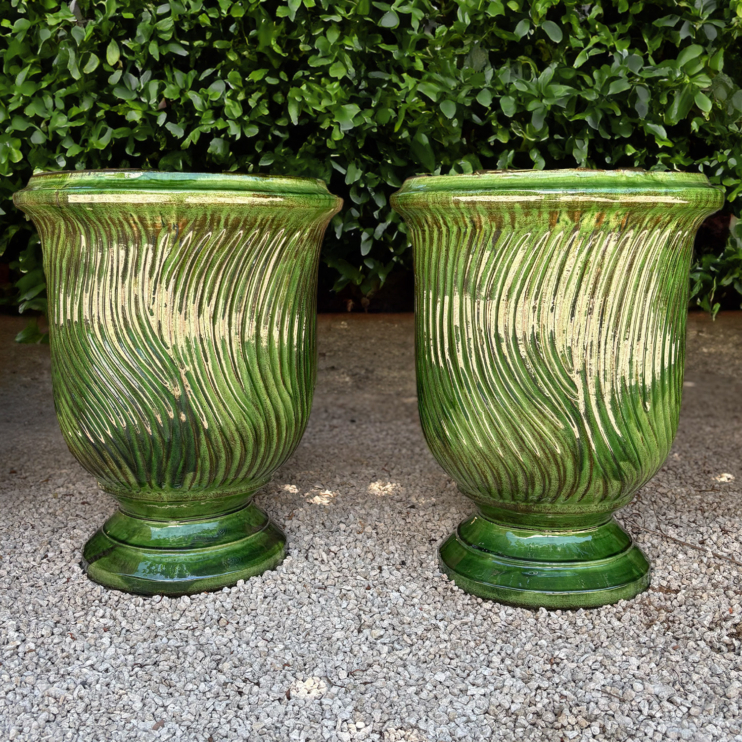 A Pair of Green Glazed Striped Anduze Garden Planters in Terra Cotta