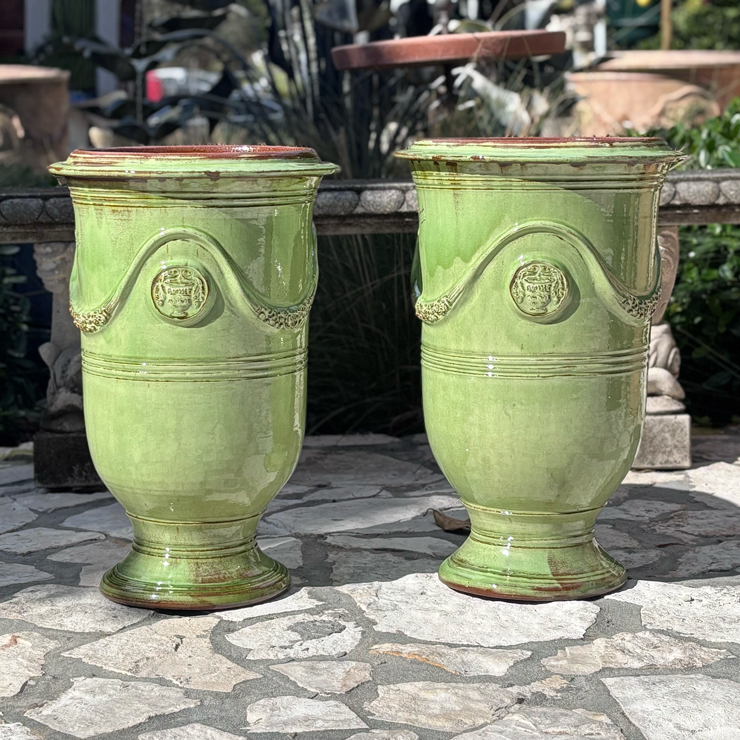 A Pair of Tall Slender Anduze Planters in Vert Claire Green Glazed Terracotta