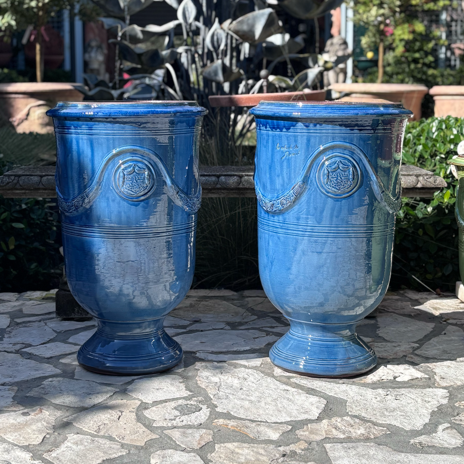 Pair of Tall Slender Anduze Planters in Med Blue Glazed Terracotta