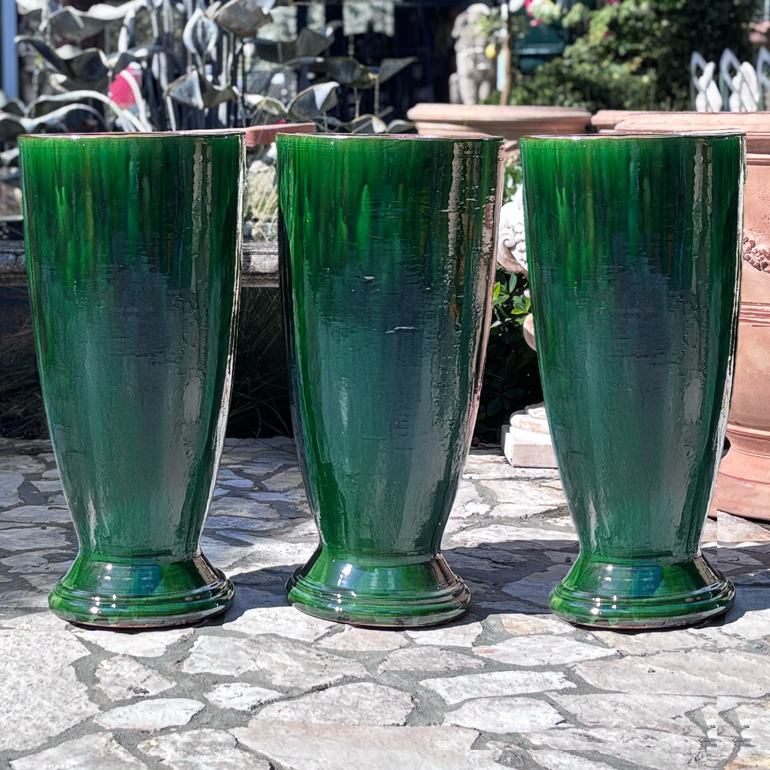 Set of Three Green Ovoid Shaped Garden Planters from Provence