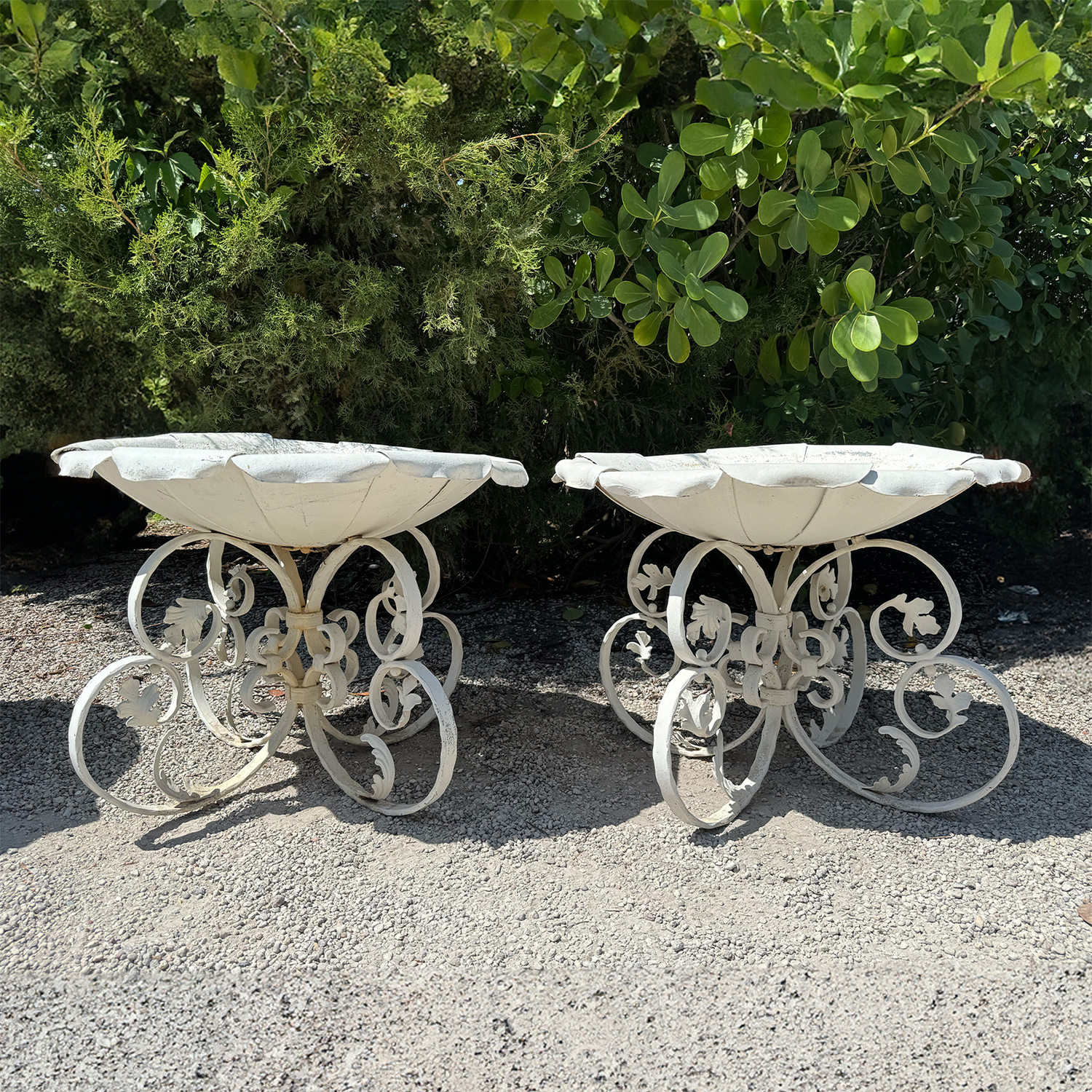Pair of White Painted Metal Garden Jardinières with Scroll Base