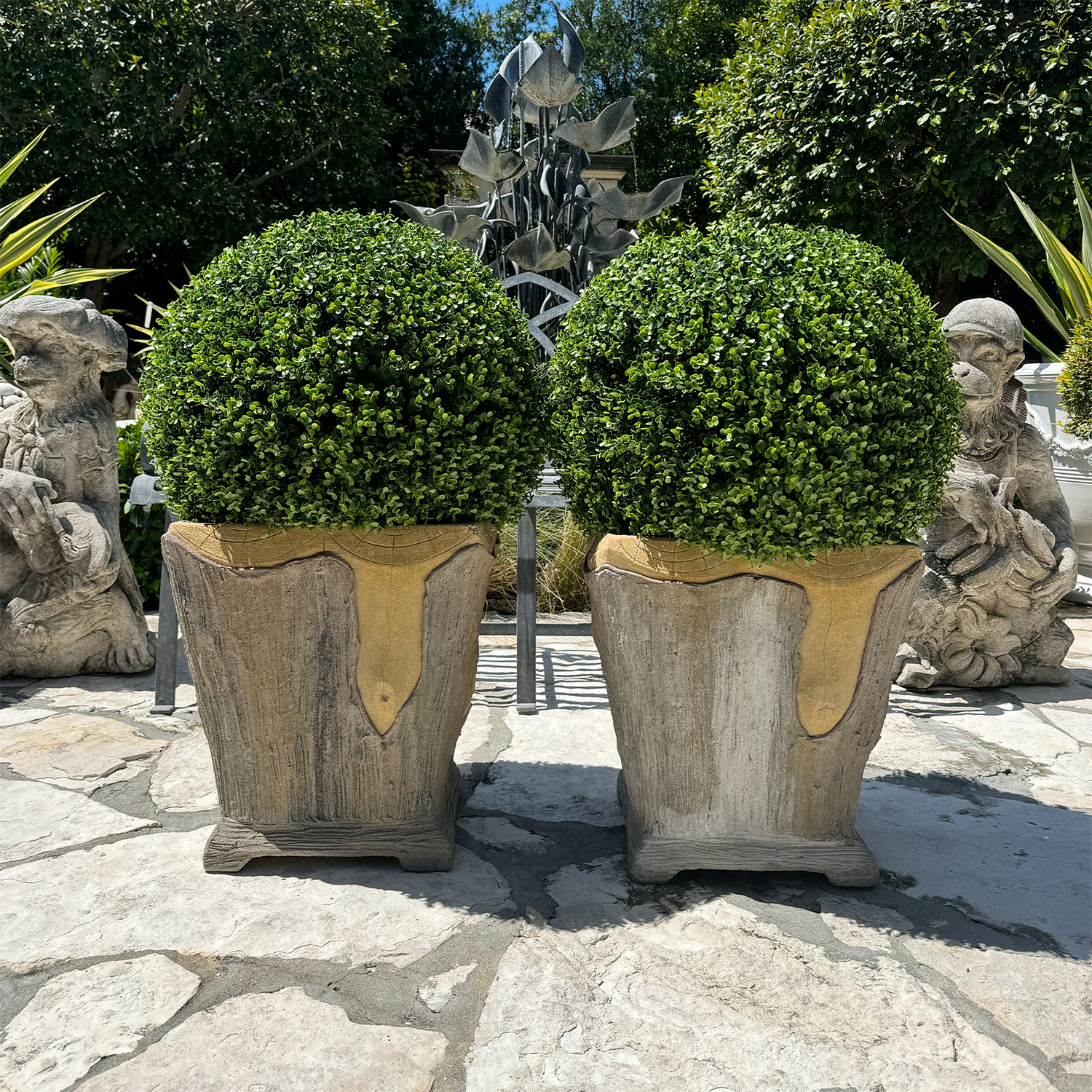 Pair of Tapered Garden Pots in Faux Bois Cement from France