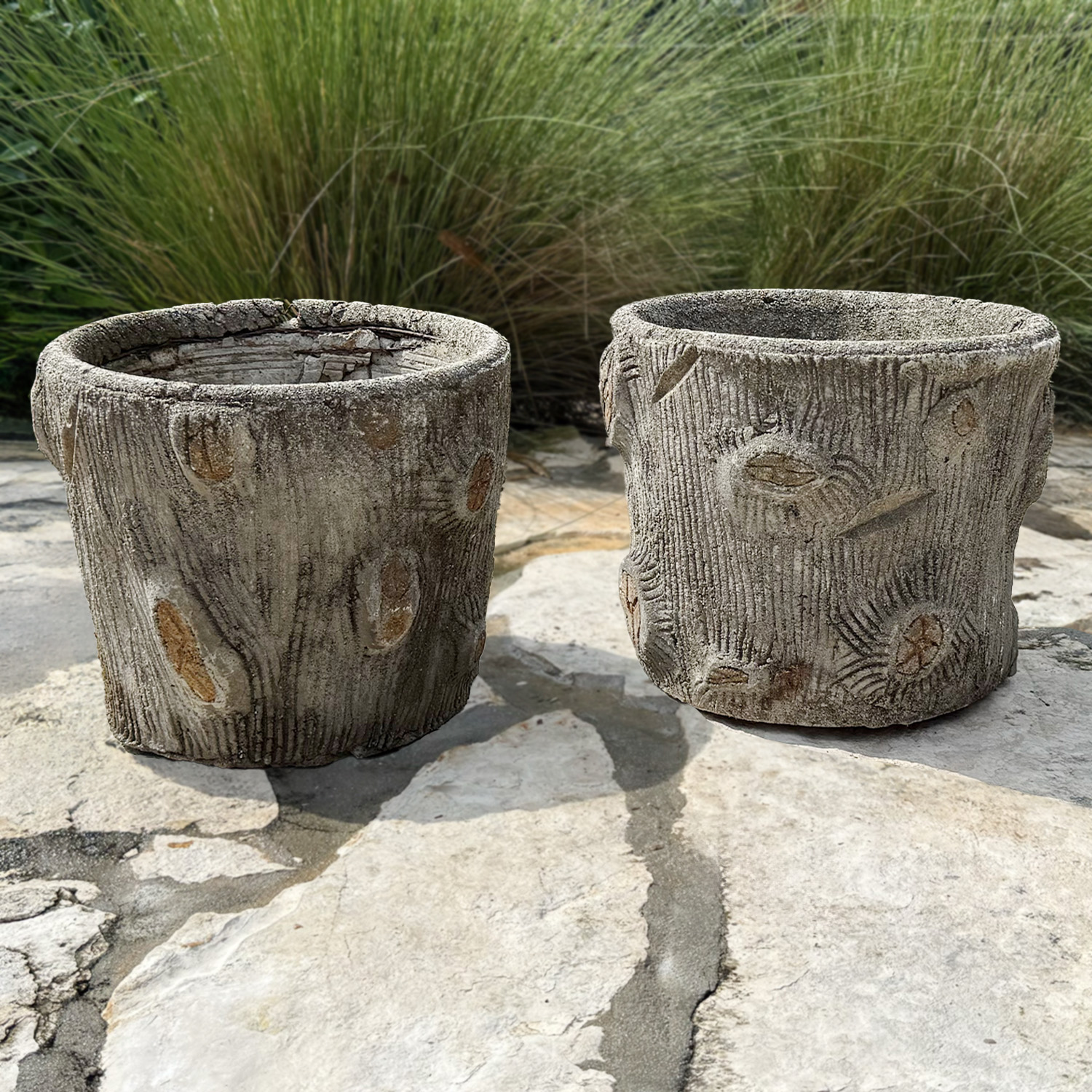 A Set of Two Vintage Tree-Trunk French Faux Bois Concrete Planters, Circa 1950s