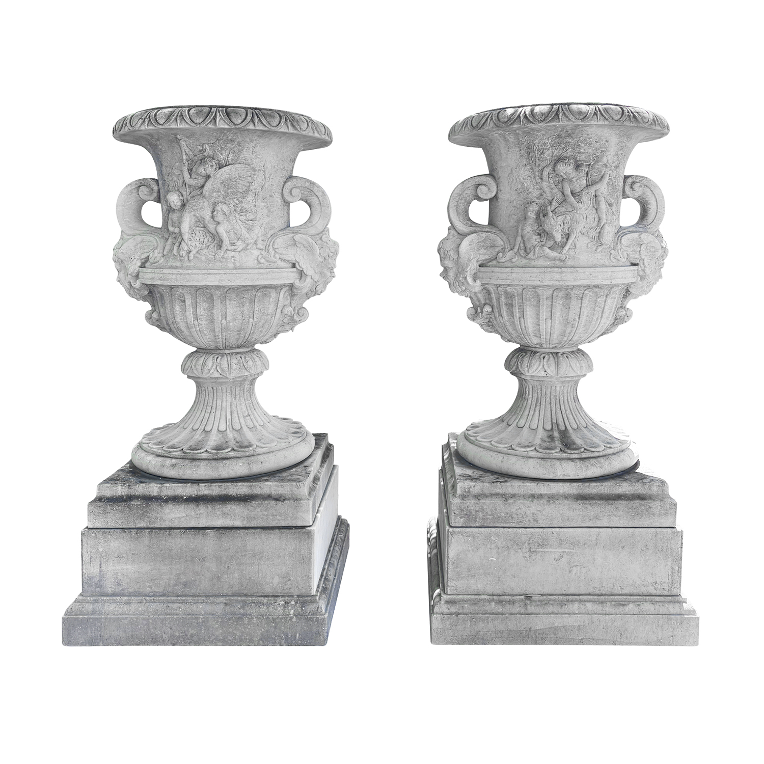 20th Century Pair of Vintage Monumental Italian Carved Limestone Garden Urns