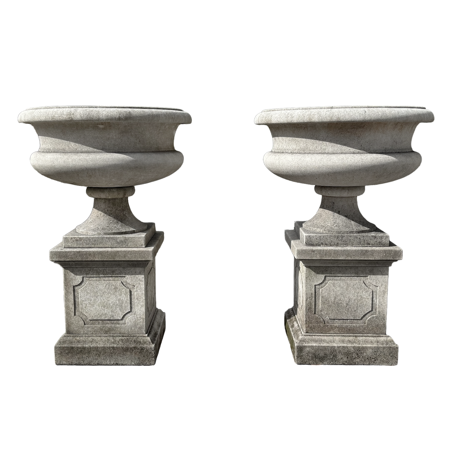 Pair of Carved Limestone Garden Urns from Italy