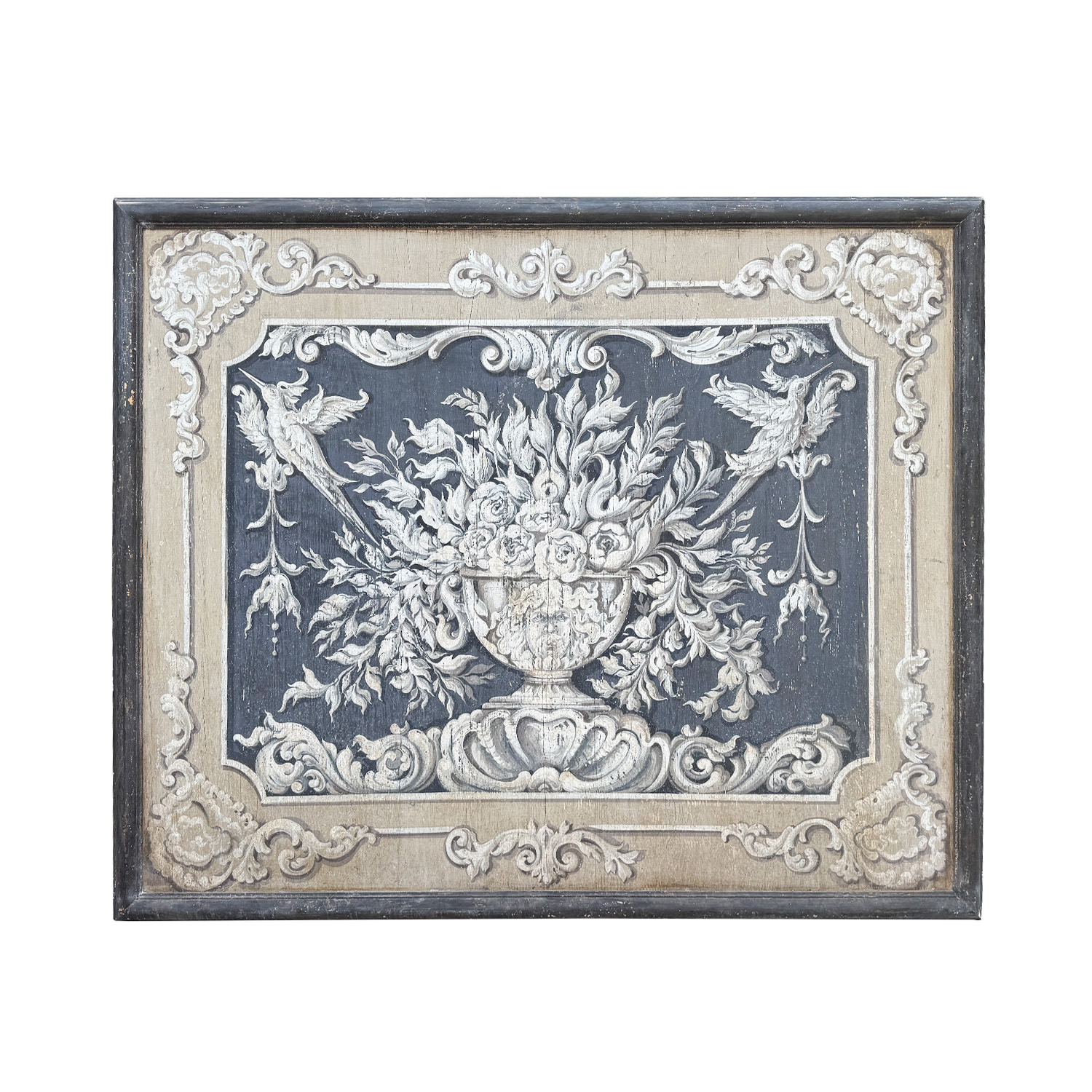 20th Century Florentine Hand-Painted Rectangular Wall Panel – Classical Vase with Floral Motif