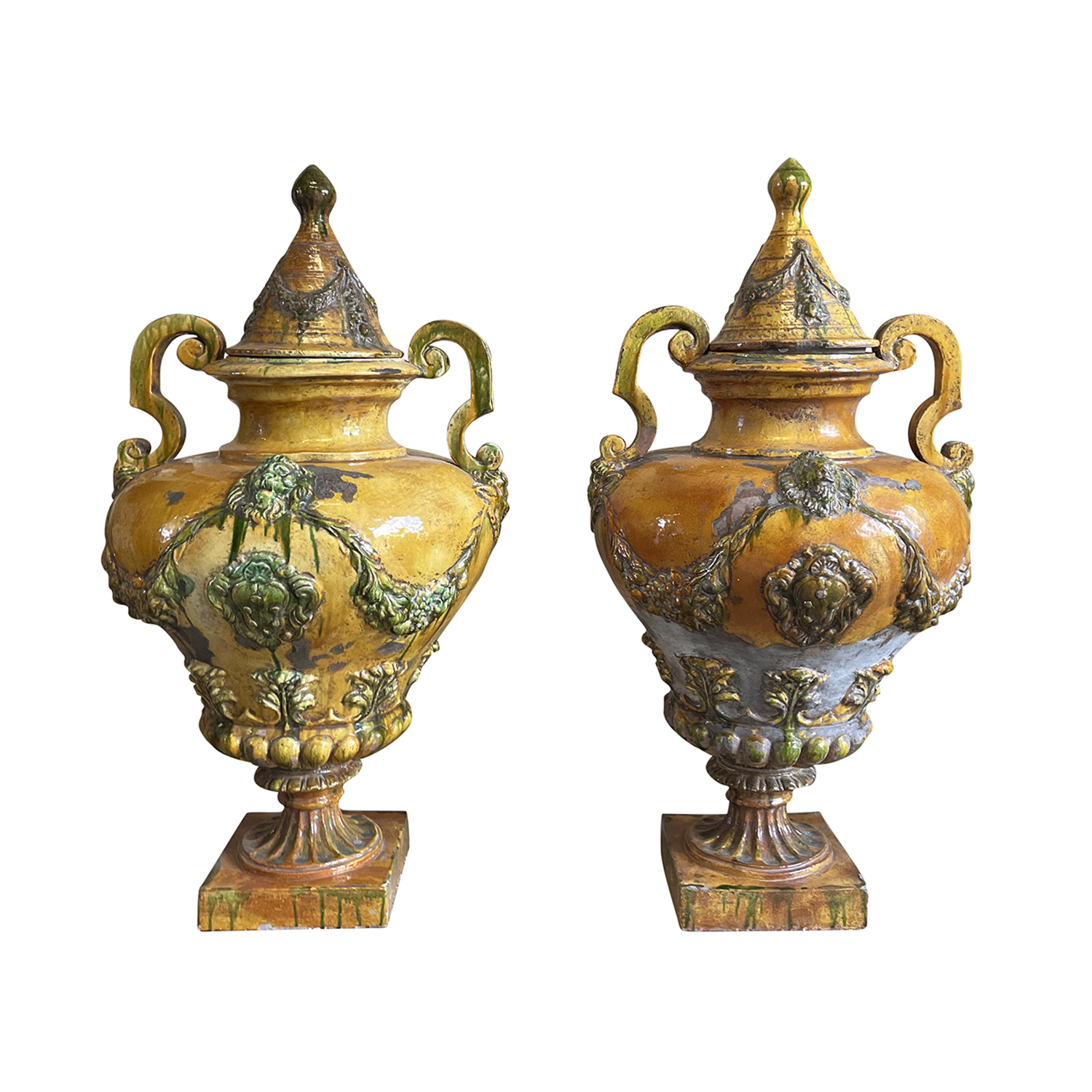 19th Century Yellow Italian Pair of Antique Ceramic Urns – Garden Ornaments
