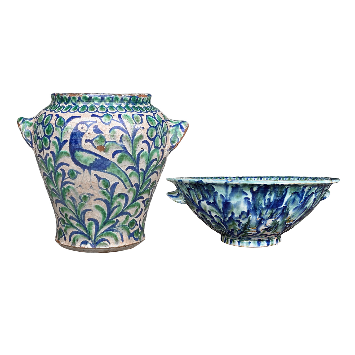 Set of Antique 19th Century Spanish Fajalauza Jar and Bowl from Grenada