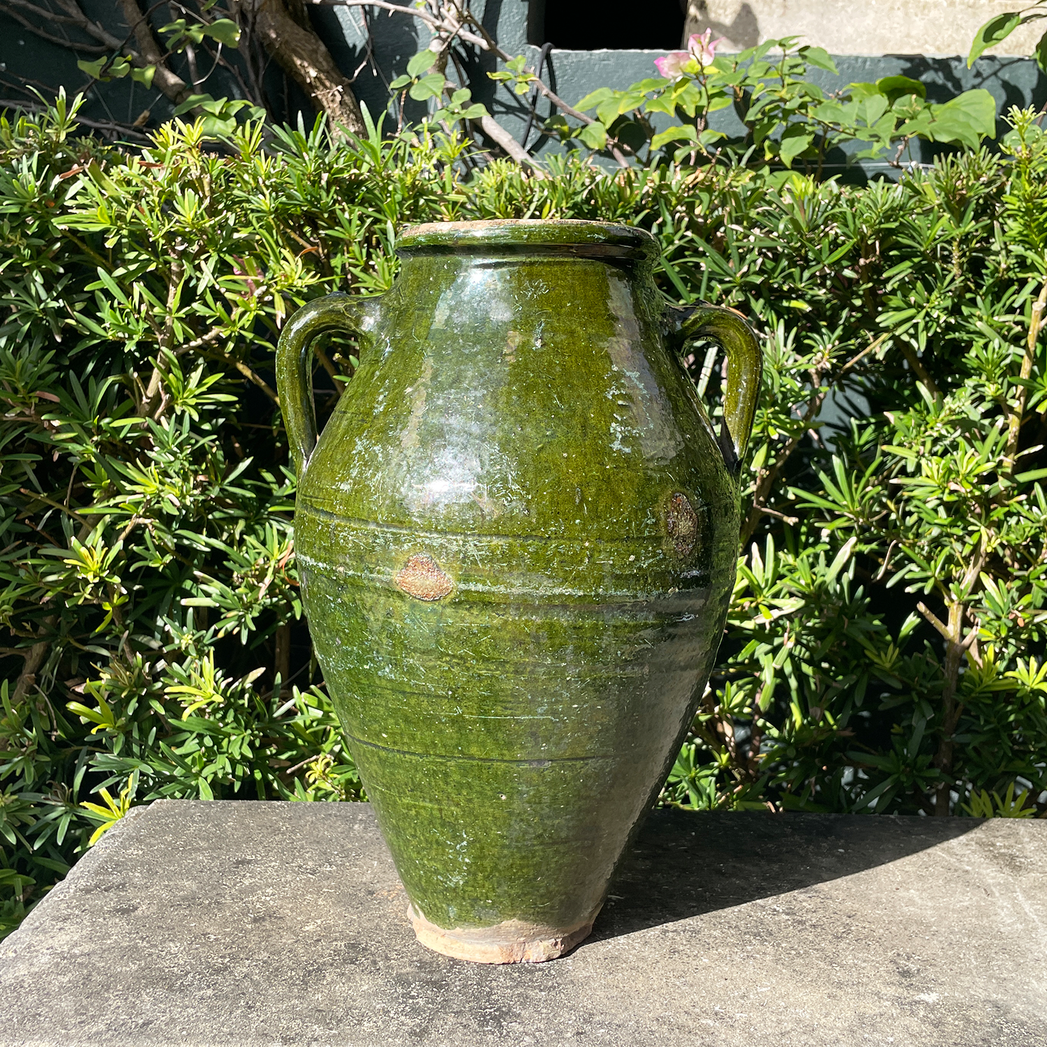Antique Mediterranean Jar with Aged Green Glaze
