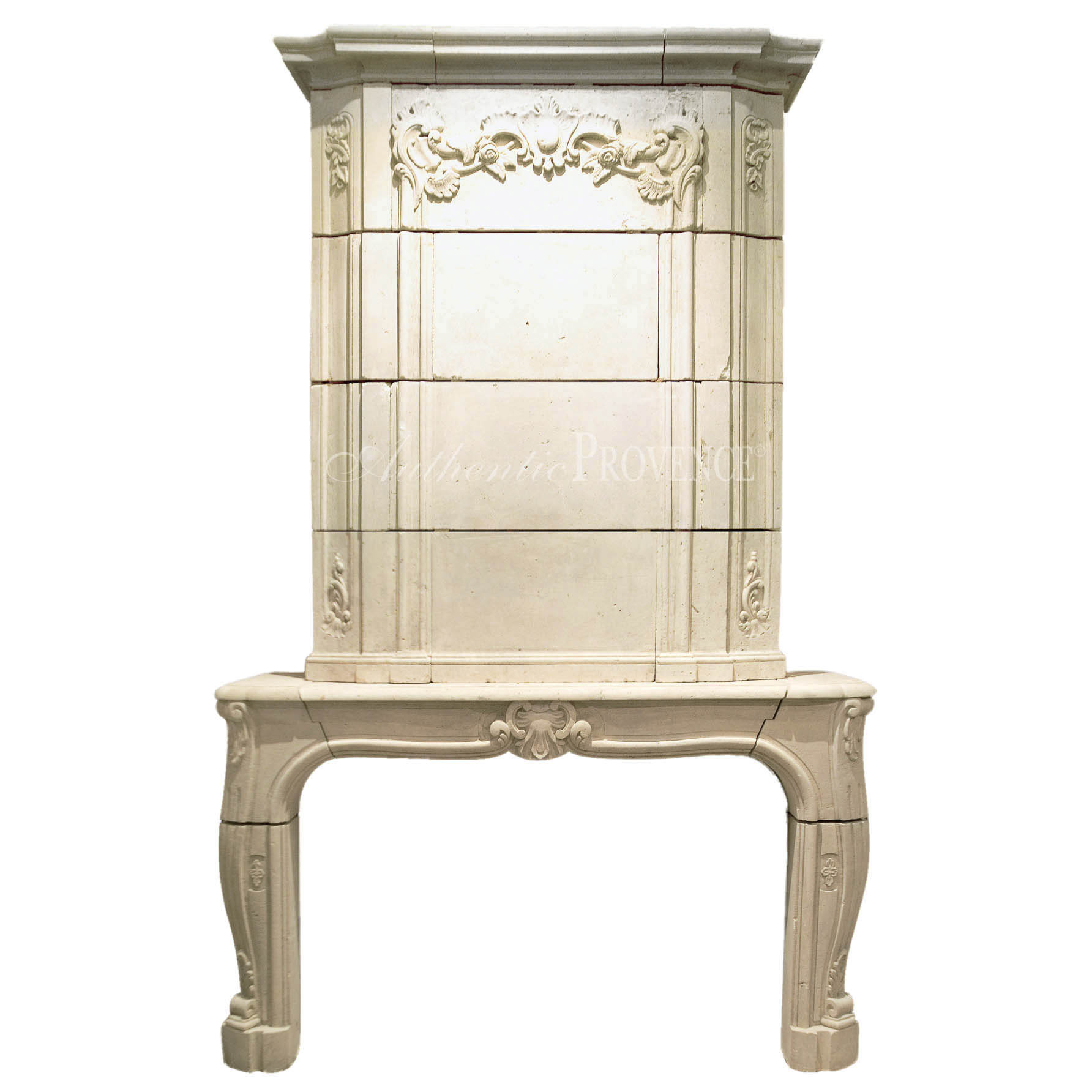 Antique French Limestone Fireplace Mantel: Cheminee Rocailles