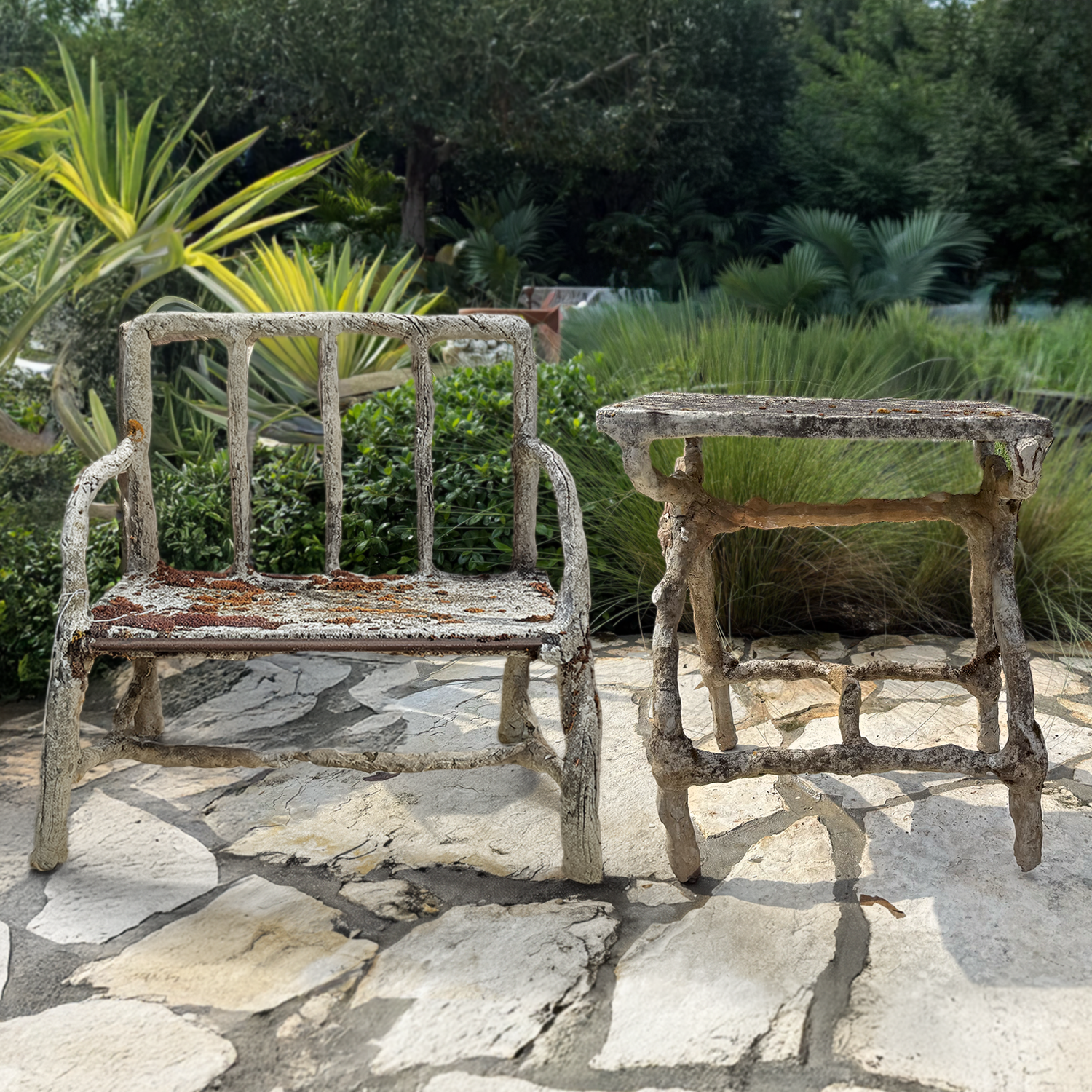 Antique French Rocaille Table and Bench in Faux Bois Concrete