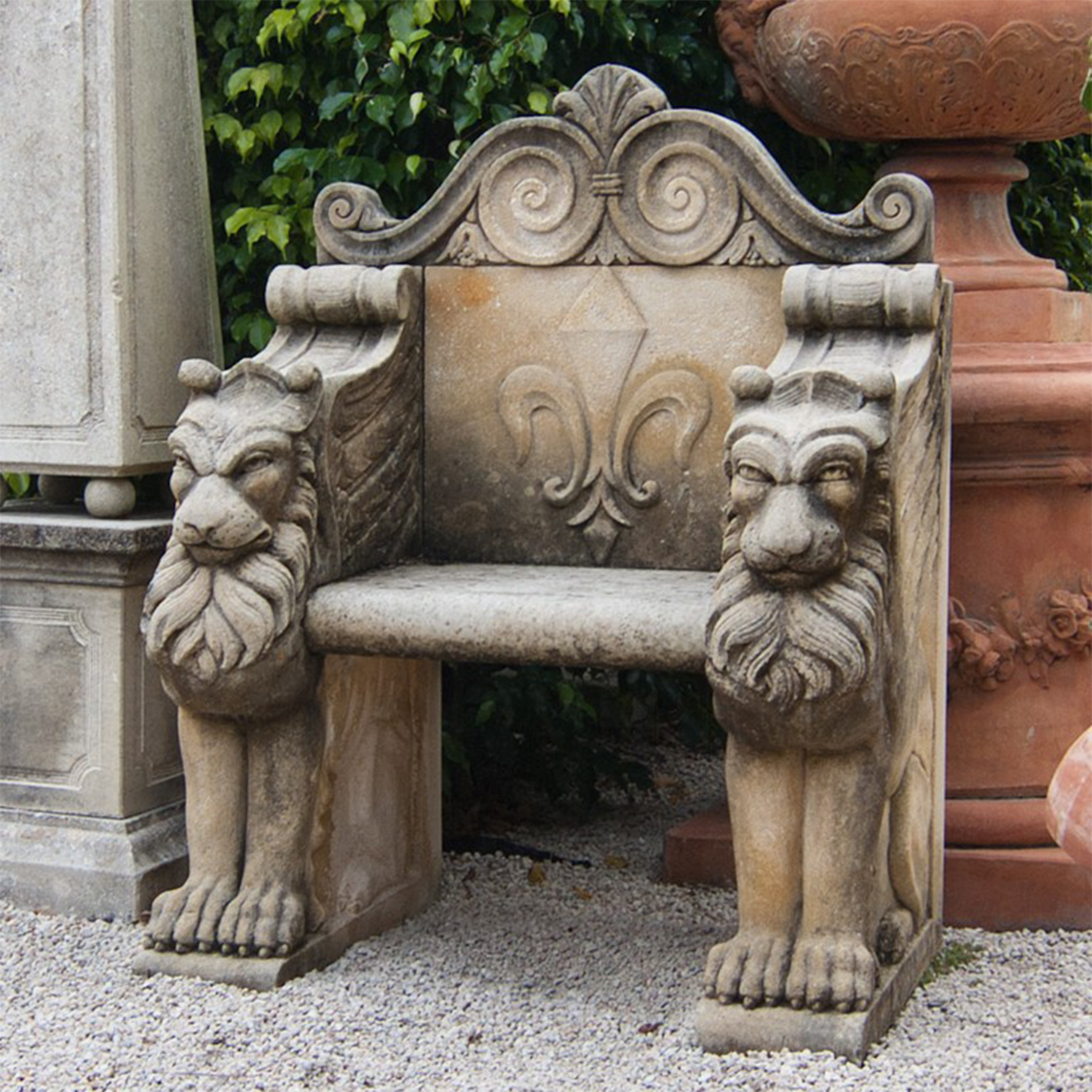 Vintage Leone Garden Seat Bench in Carved Limestone