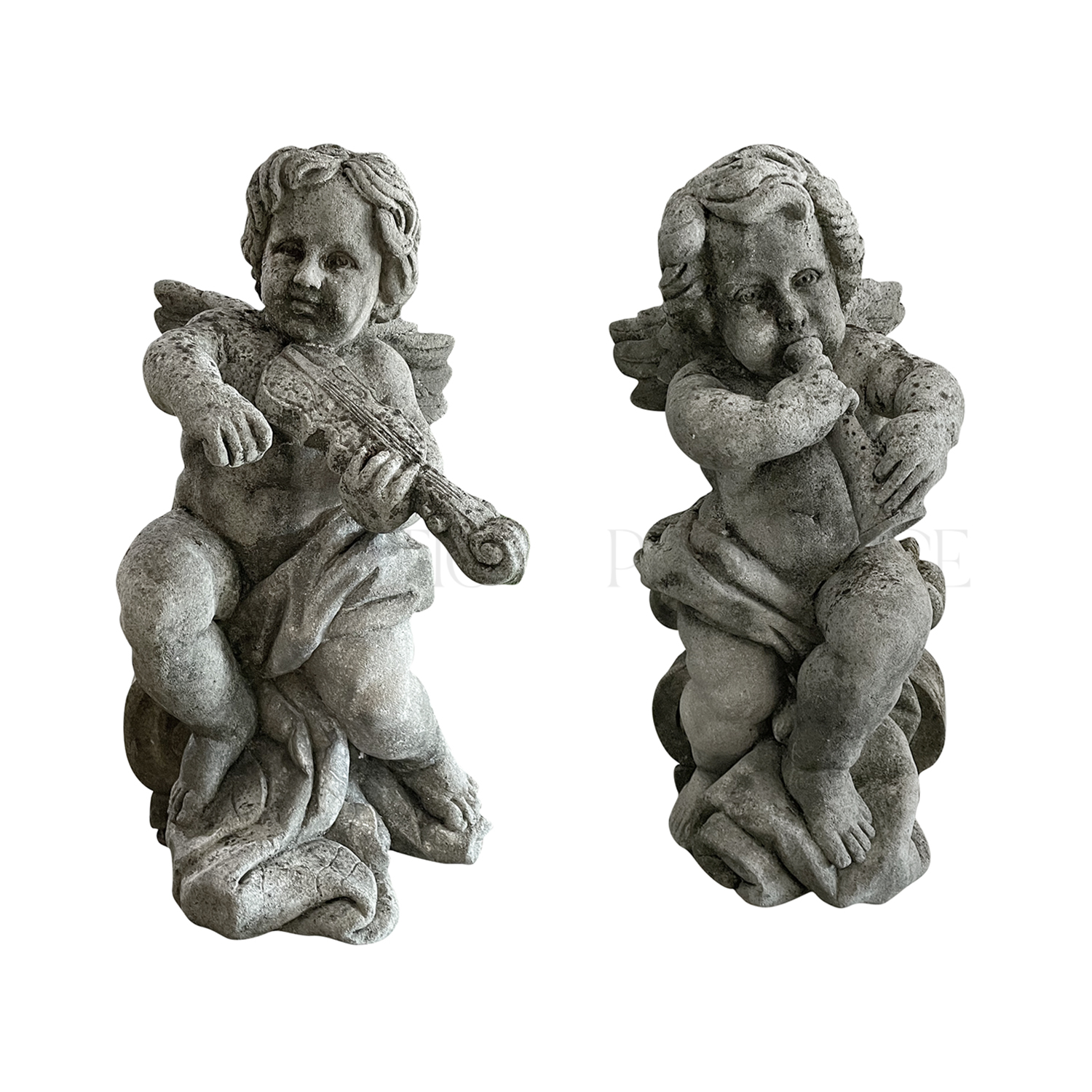 19th Century French Pair of Antique Limestone Cherubs – Les Anges de la Musique