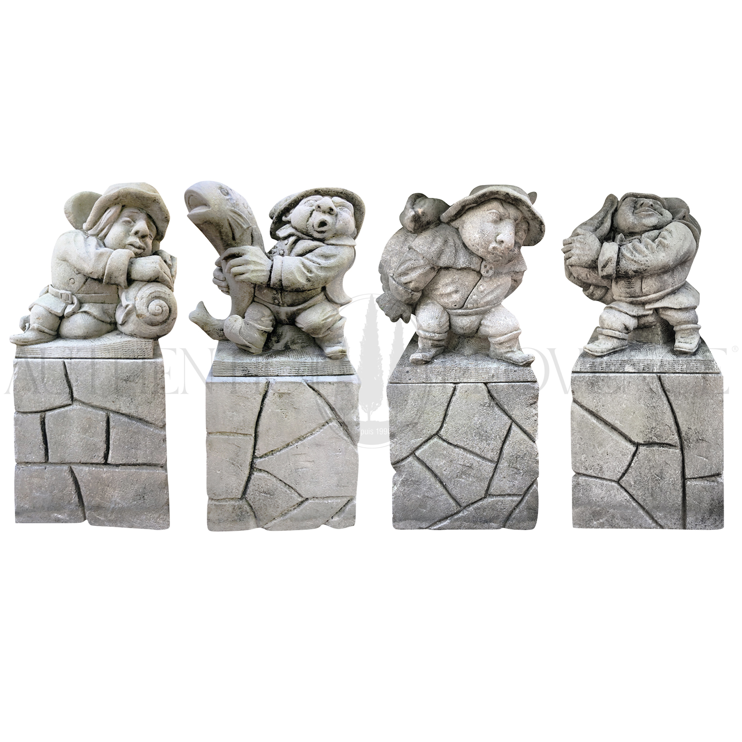 Set of Four Vintage Garden Gnome Statues from Italy in Carved Limestone