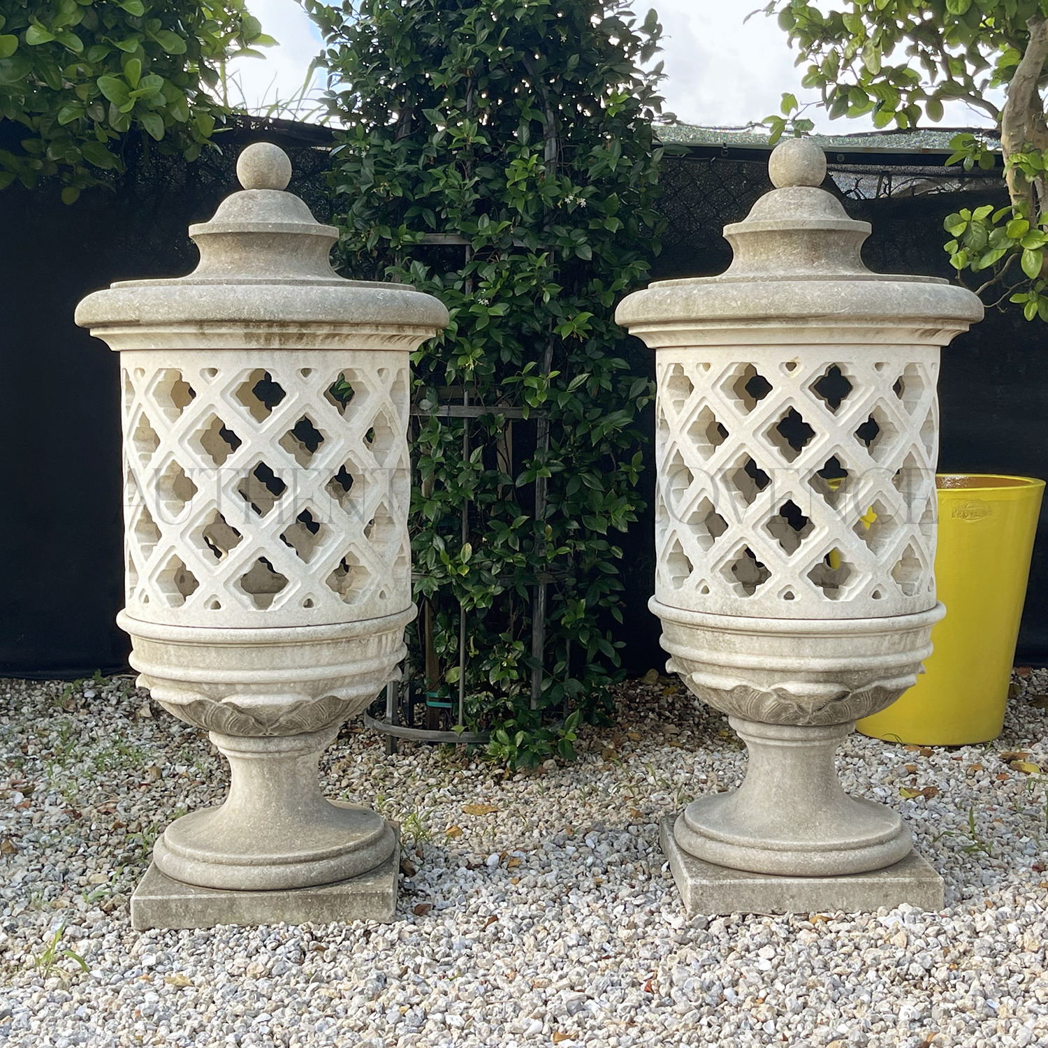 Pair of Arabesque Garden Lanterns in Carved Limestone