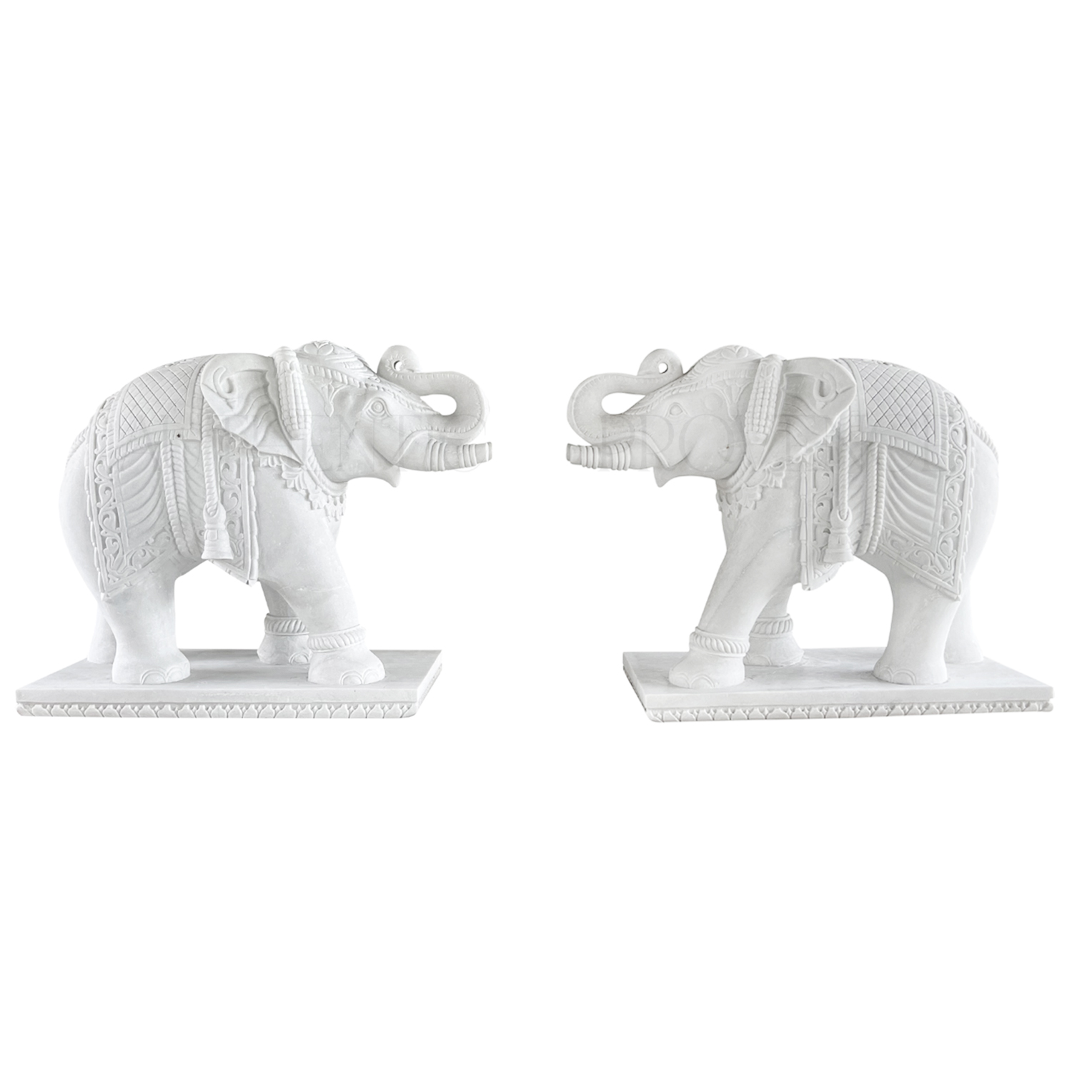 Pair of large Elephant Garden Statues Carved in White Marble, 20th Century