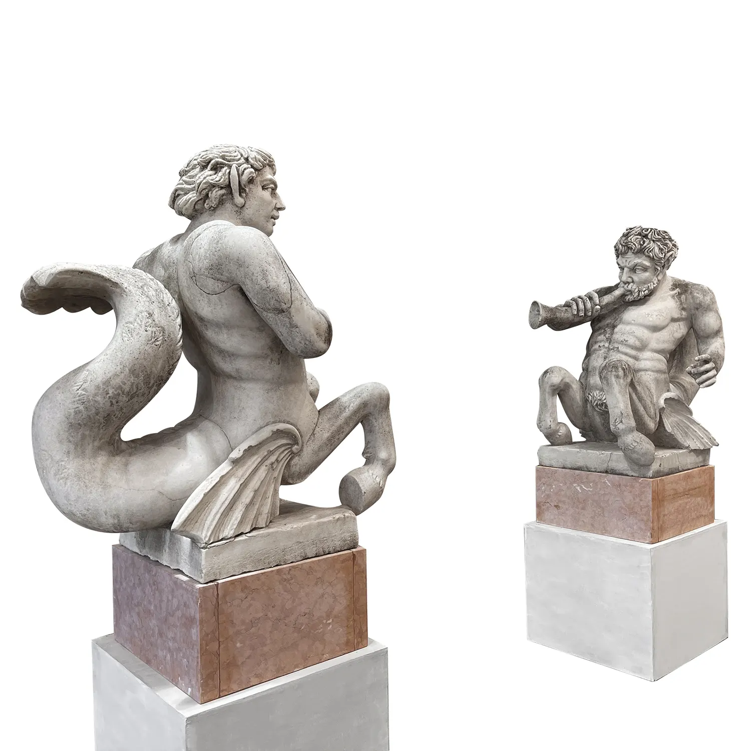 20th Century Pair of Italian Triton Garden Statues – Antique Marble Sculptures