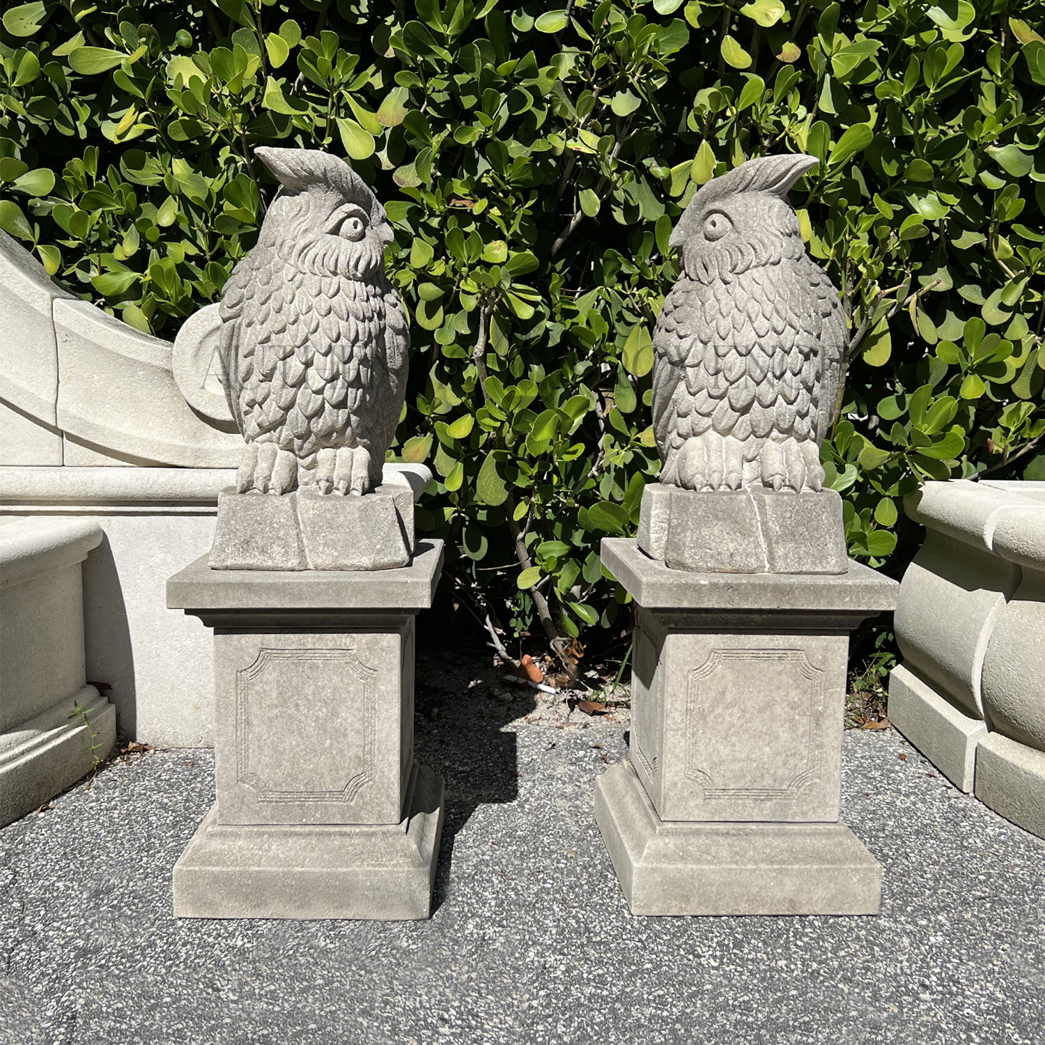 Vintage Pair of 20th C. Owl Sculptures in Hand Carved Limestone