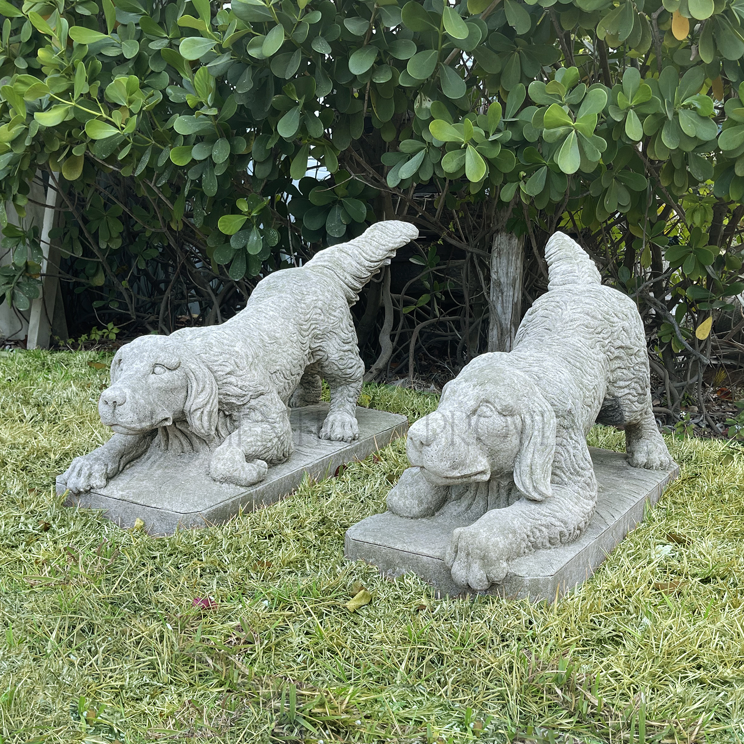Pair of Hunting Dog Garden Statues in Limestone