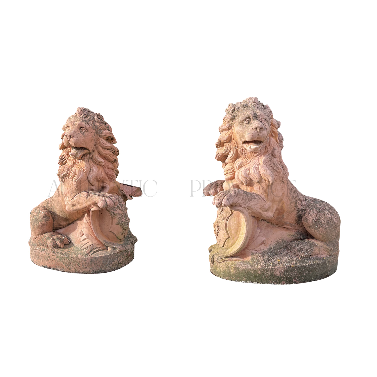 19th Century Pair of Regal Terra Cotta Lions Garden Statuary
