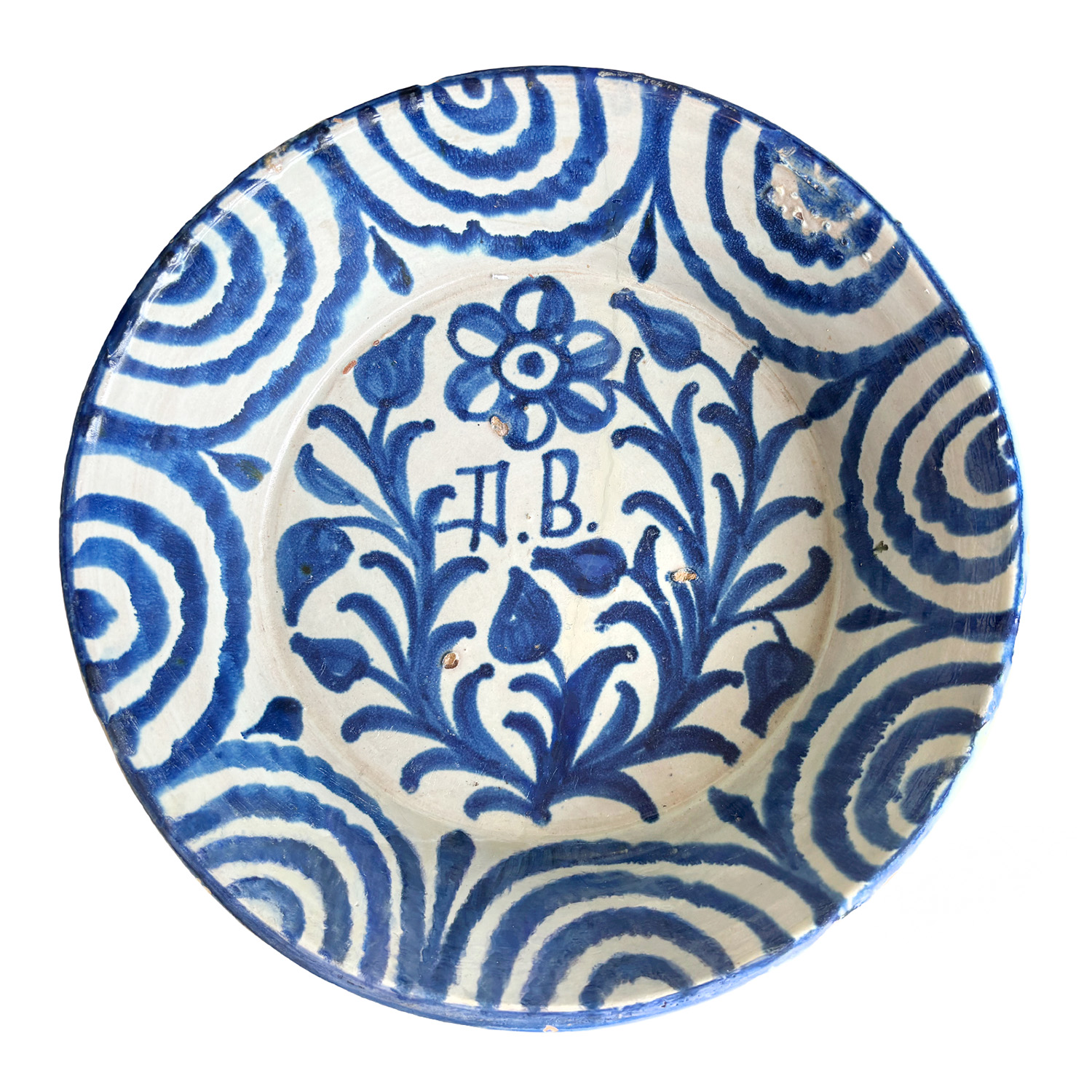 19th Century Fajalauza Bowl A.B. in Blue White from Spain