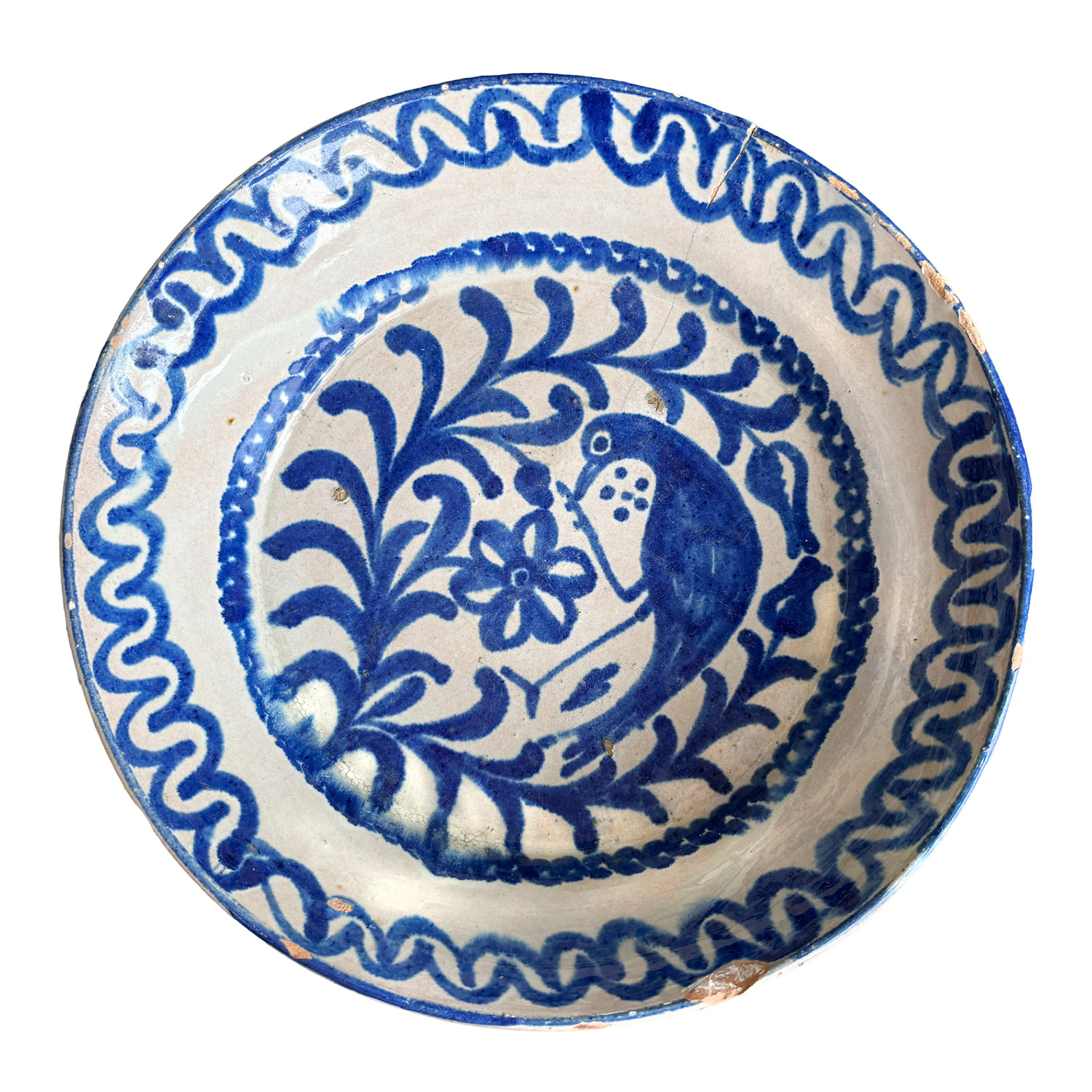 19th Century Fajalauza Bowl Peacock in Blue White from Spain