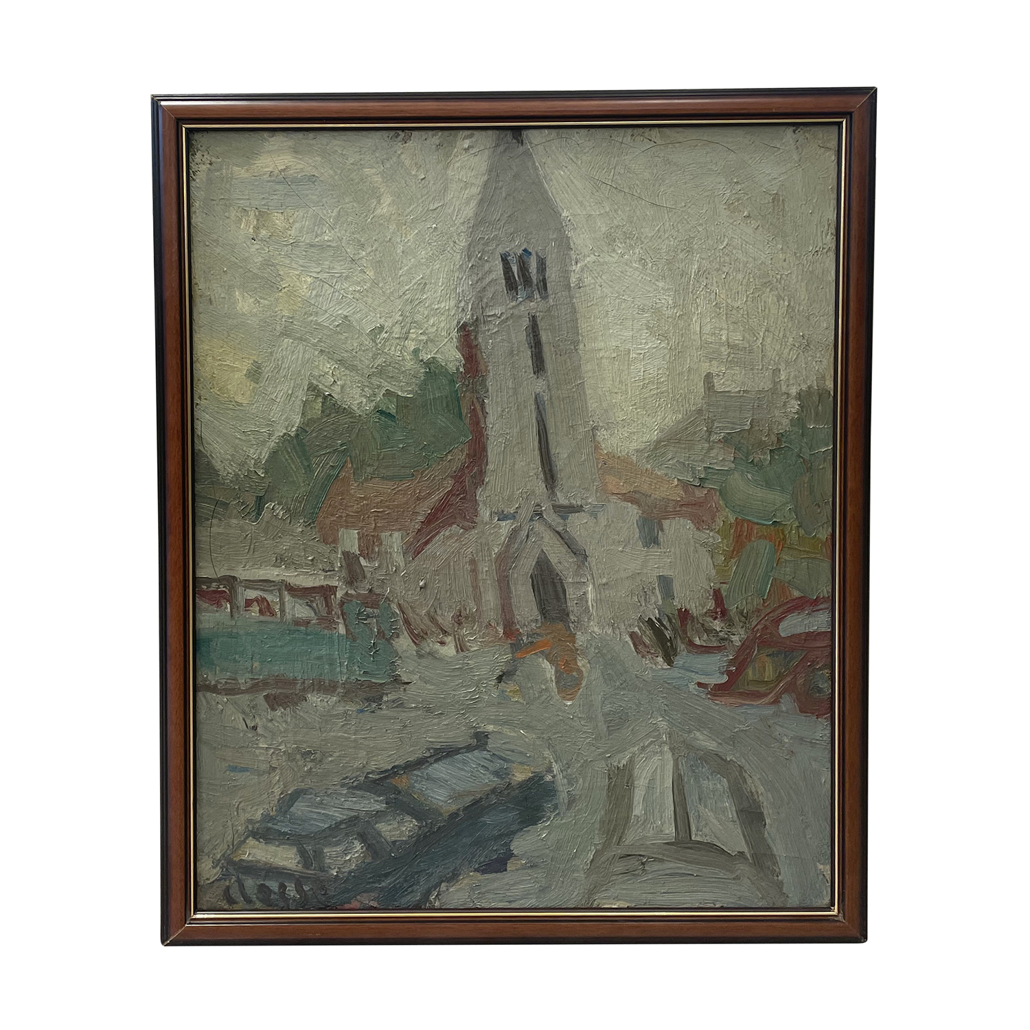 20th Century Grey French Petite Église Oil Painting of a Church by Daniel Clesse