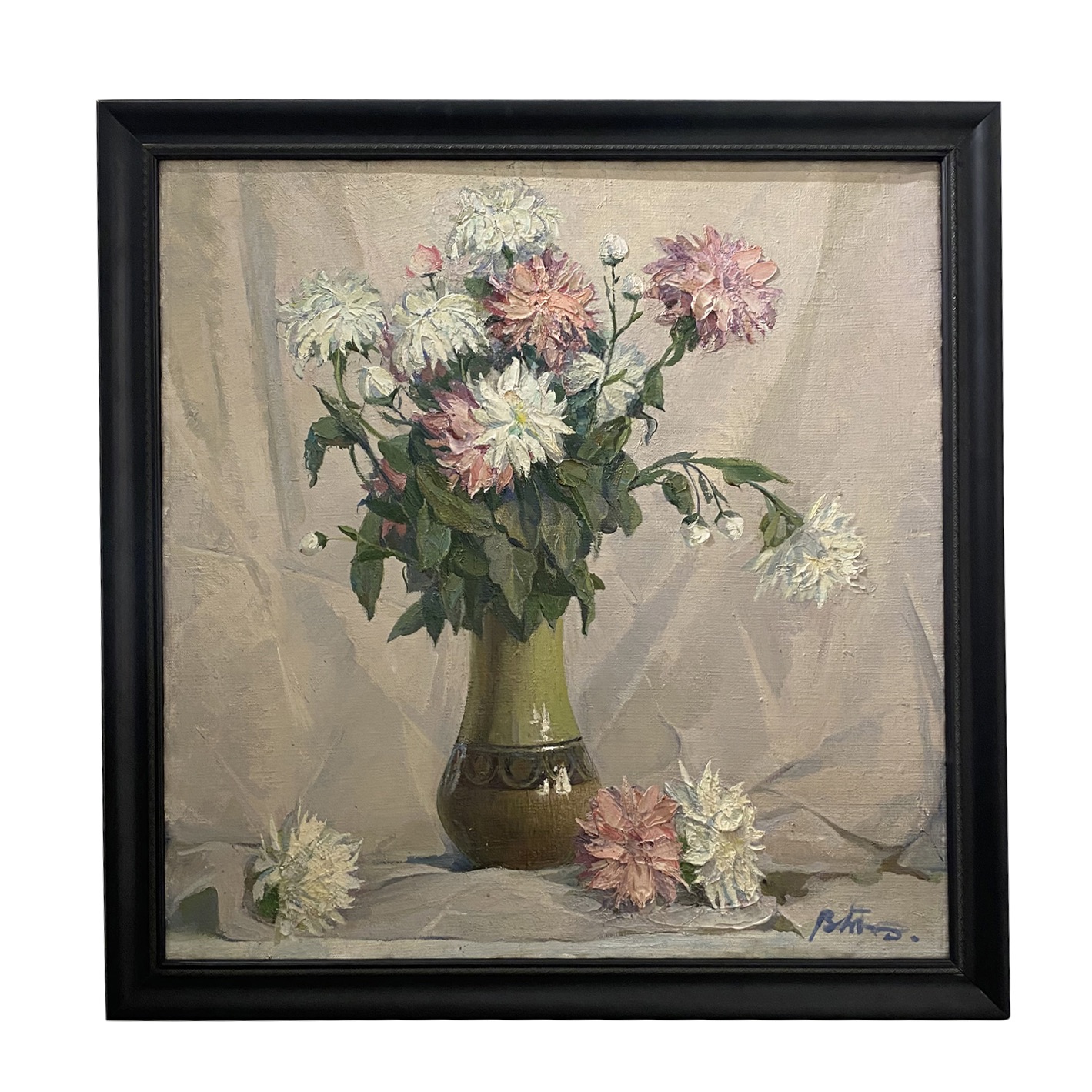 20th Century Pink Russian Still Life Oil Painting with Flowers by Titov Y. V.