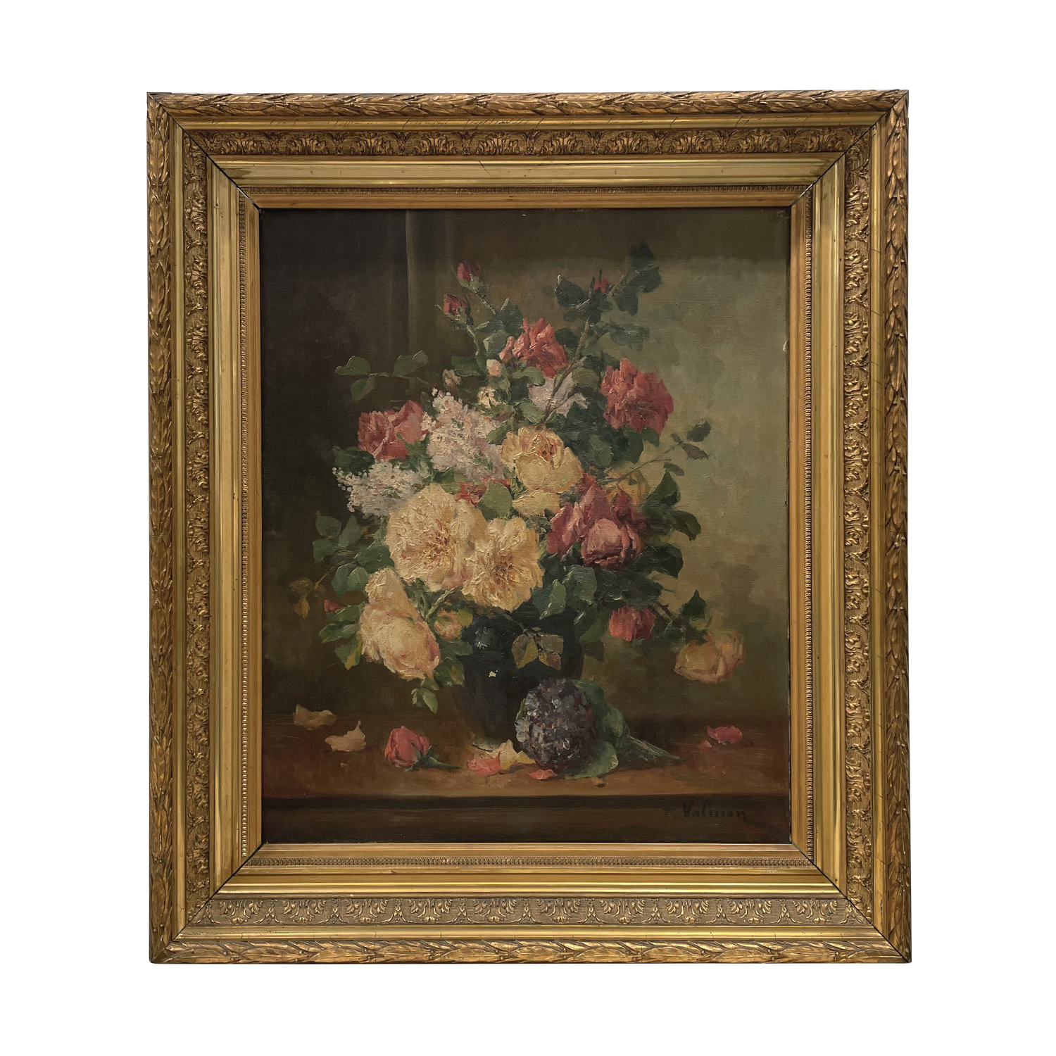 19th Century French Still Life Oil Painting of Roses by Eugène Henri Cauchois