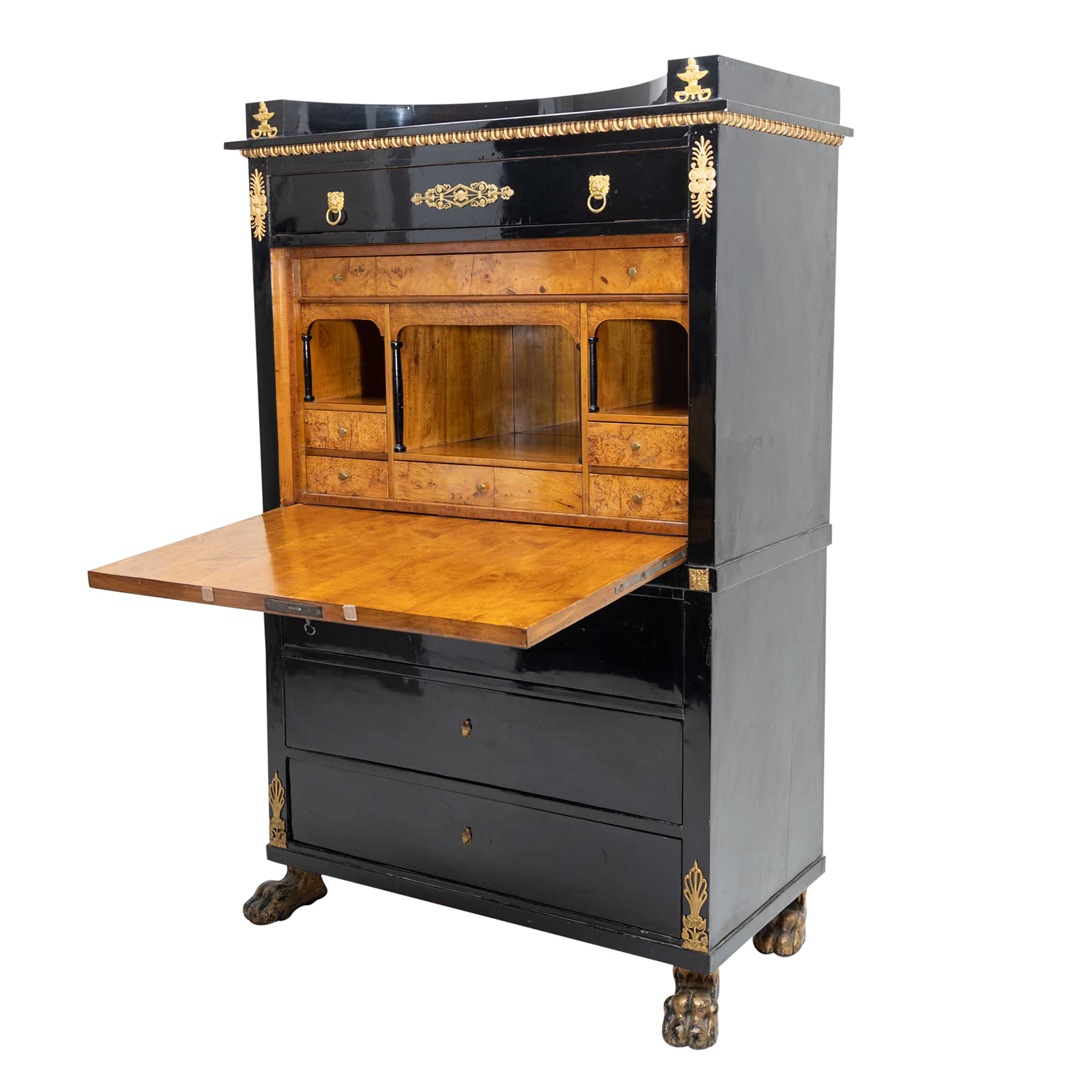 19th Century Black French Empire Polished Ebony Secretary – Antique Birch Cabinet