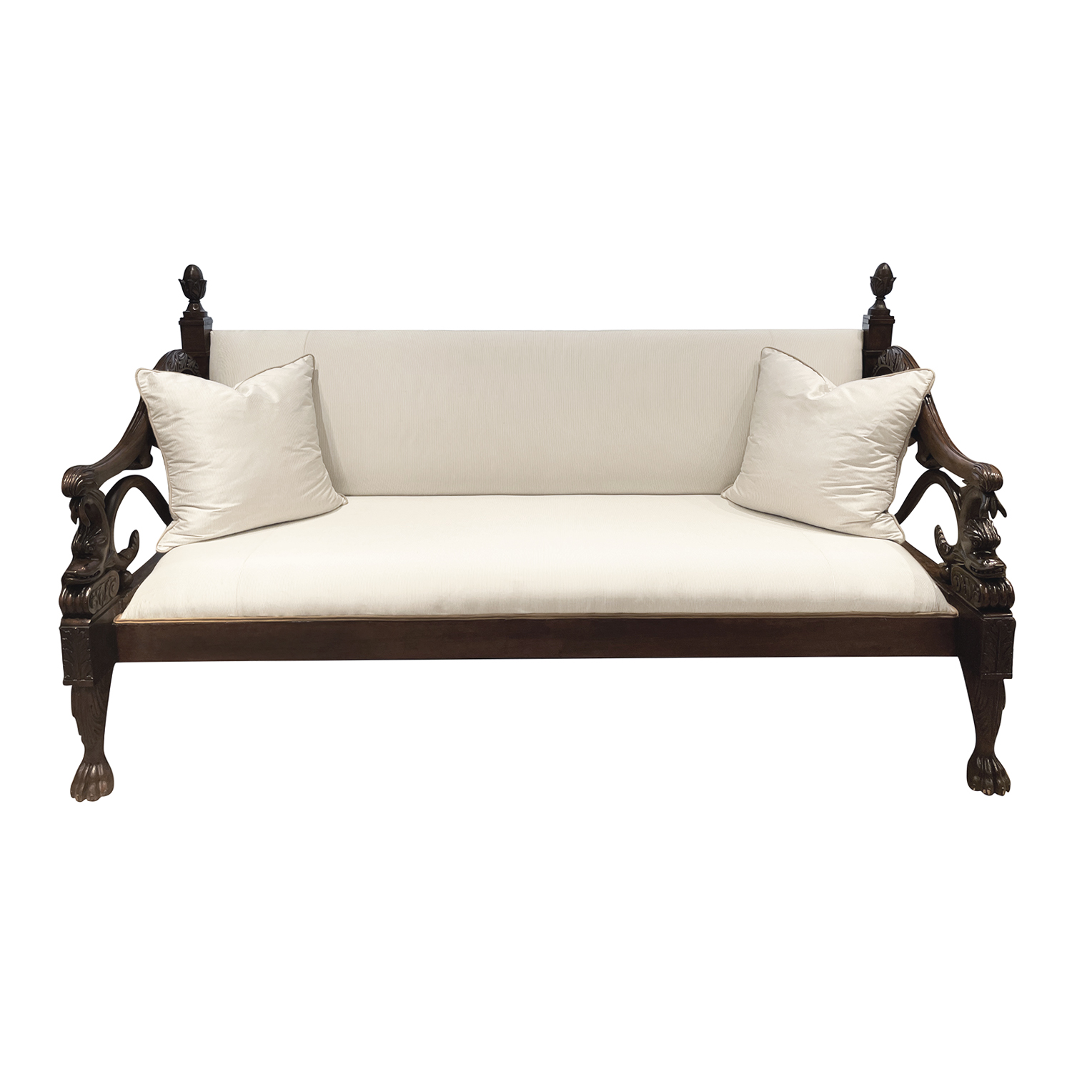19th Century Baltic Mahogany Long Bench – Antique Empire Silk Sofa, Canapé