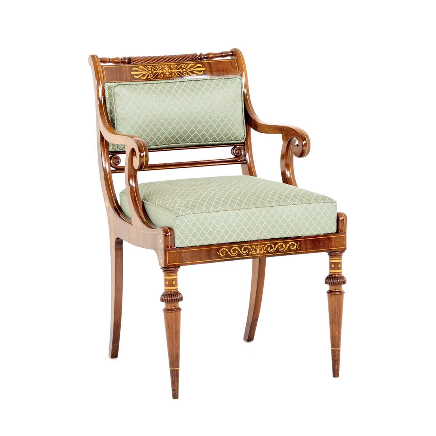 19th Century Green German Antique Biedermeier Mahogany, Maplewood Armchair