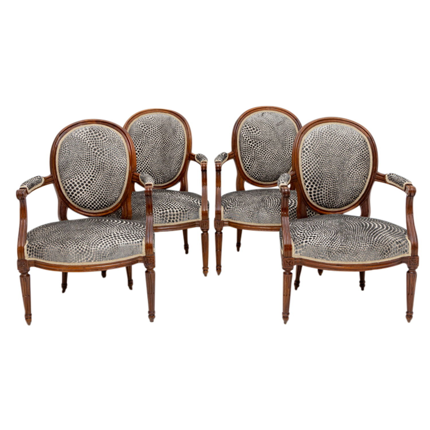 18th Century French Set of Four Louis XVI Beechwood Medallion Dining Armchairs