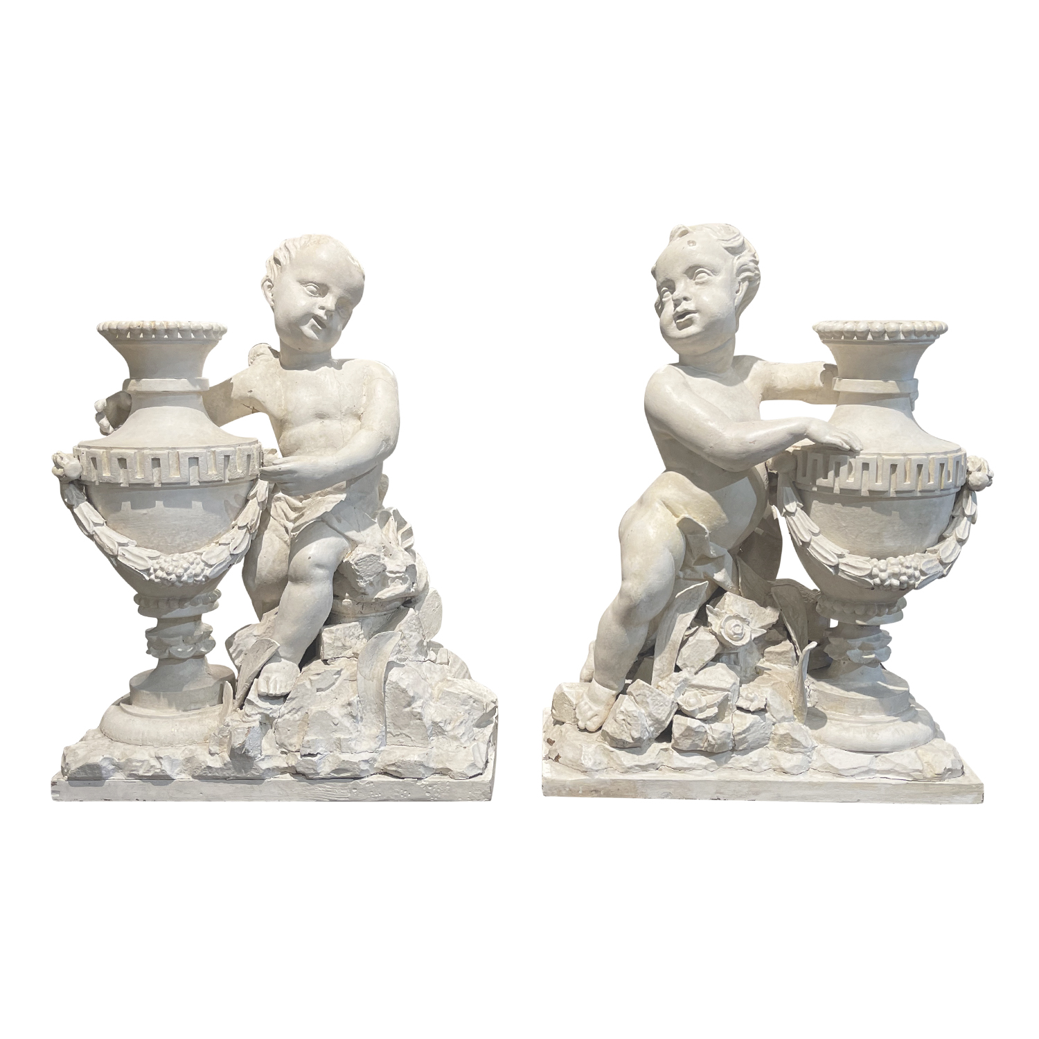 18th Century White-Grey French Pair of Walnut Putti aux Vases – Antique Cherubs