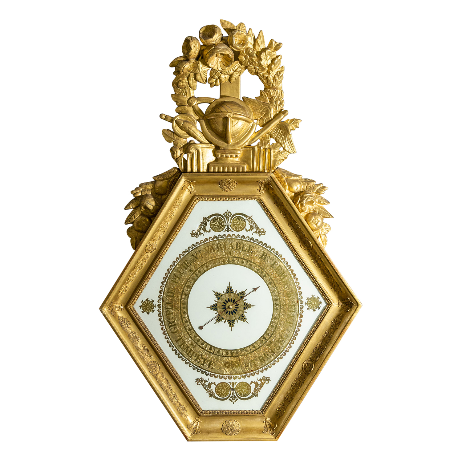 19th Century French Empire Hexagonal Giltwood Verre Églomisé Barometer