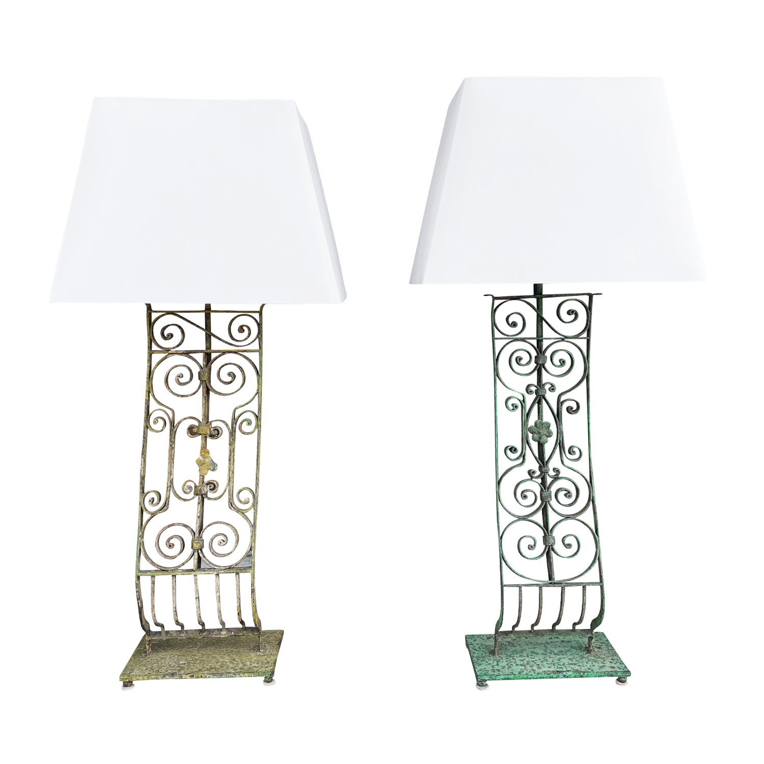 20th Century French Pair of Similar Green-Yellow Vintage Tall Metal Table Lamps