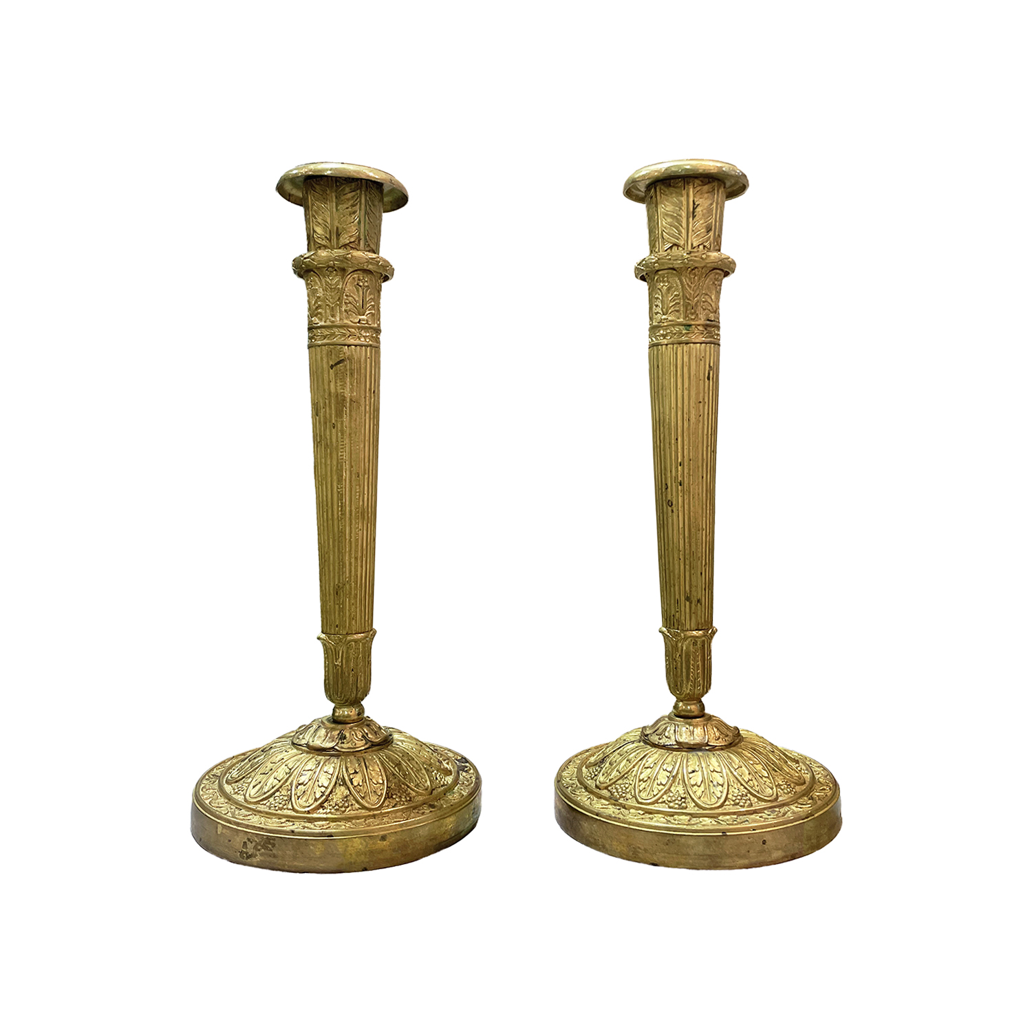 19th Century French Pair of Empire Gilded Bronze Candle Holders, Sticks