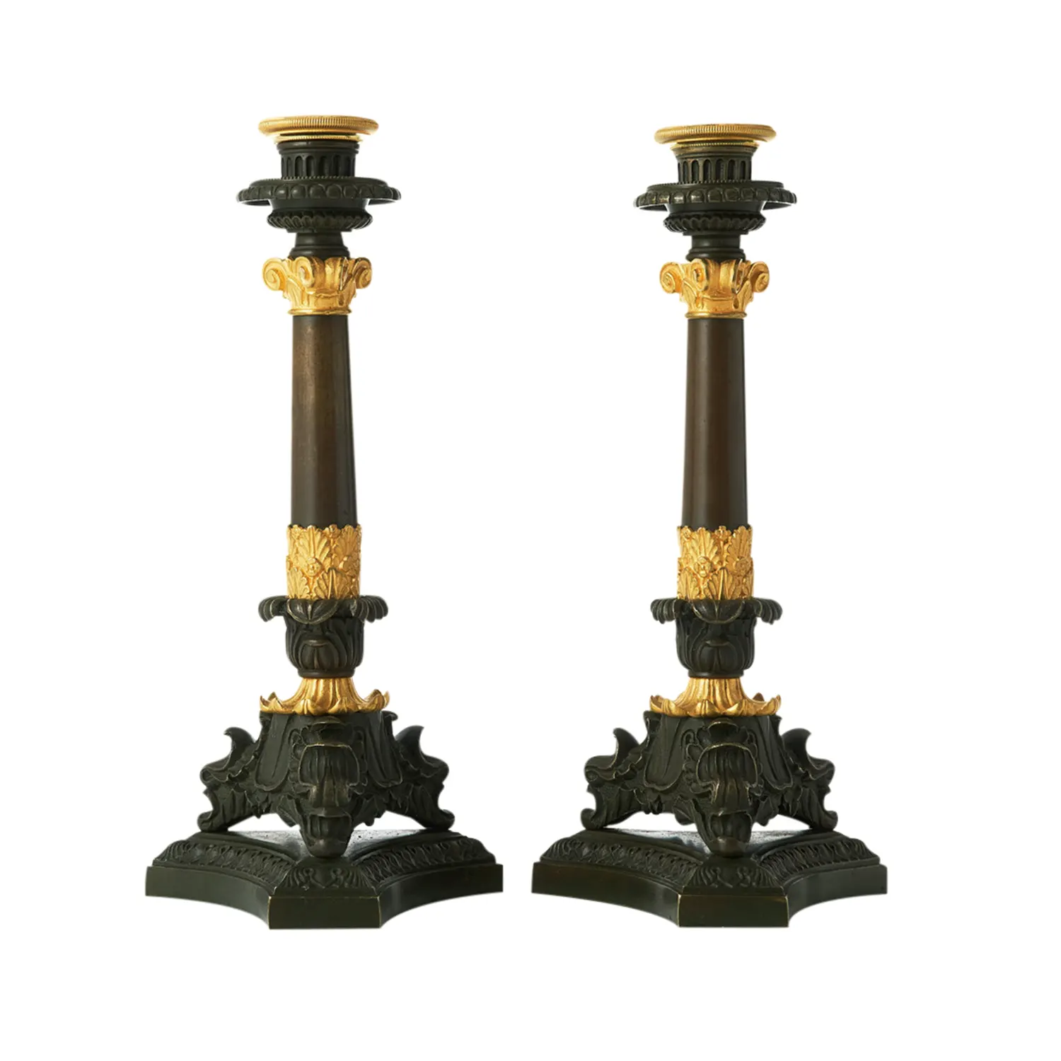 19th Century French Pair of Antique Empire Gilded Bronze Candlesticks