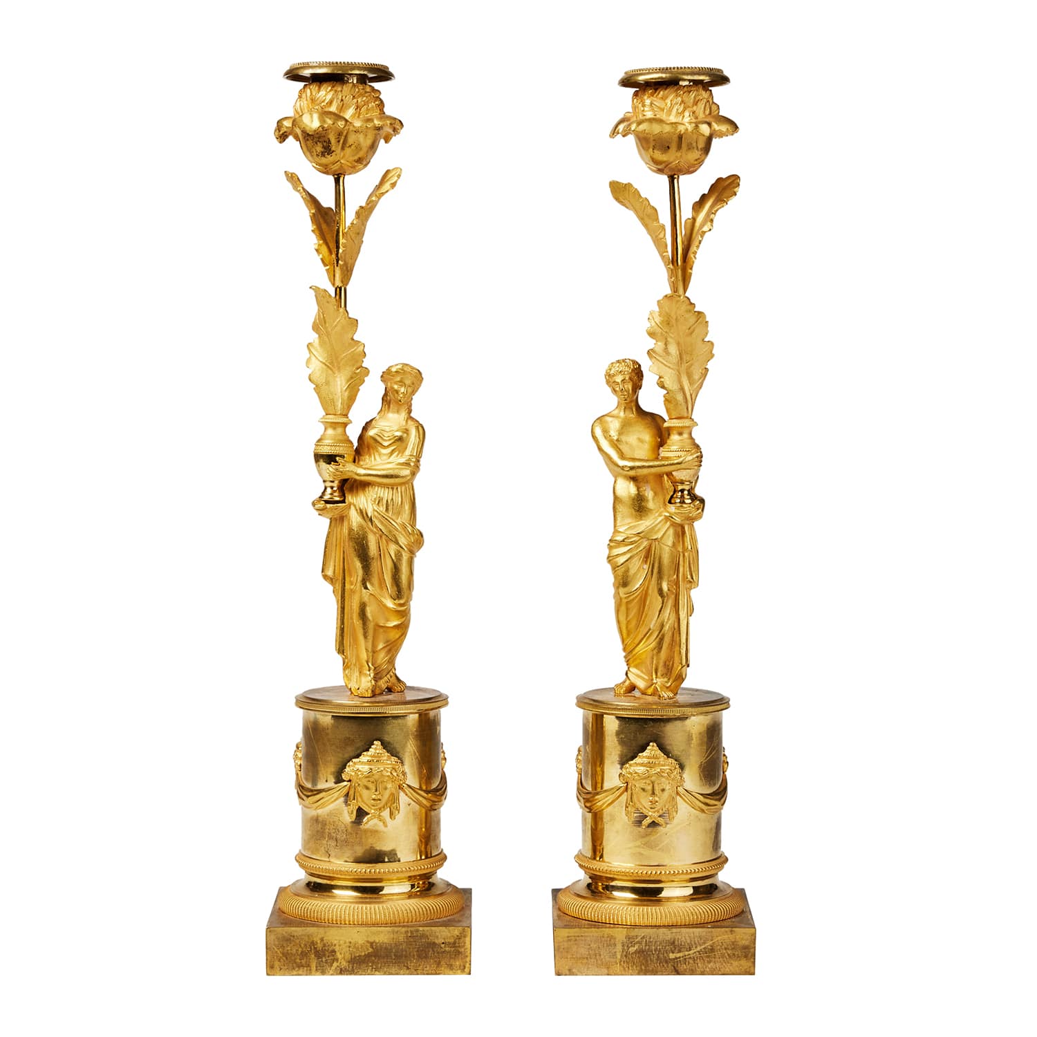 18th – 19th Century French Pair of Antique Empire Gilded Bronze Candle Holders