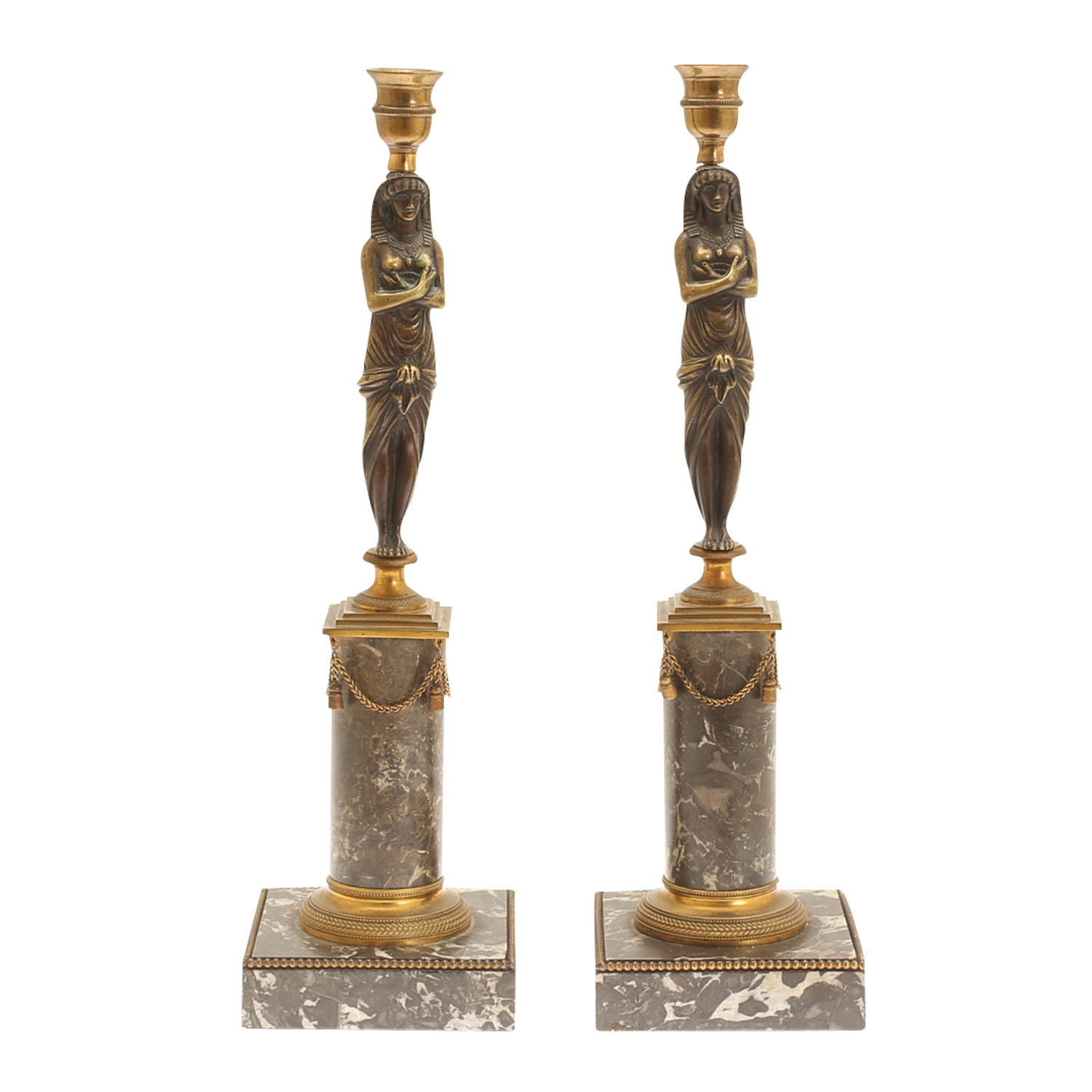 19th Century French Pair of Bronze Egyptian Candle Holders – Marble Sticks