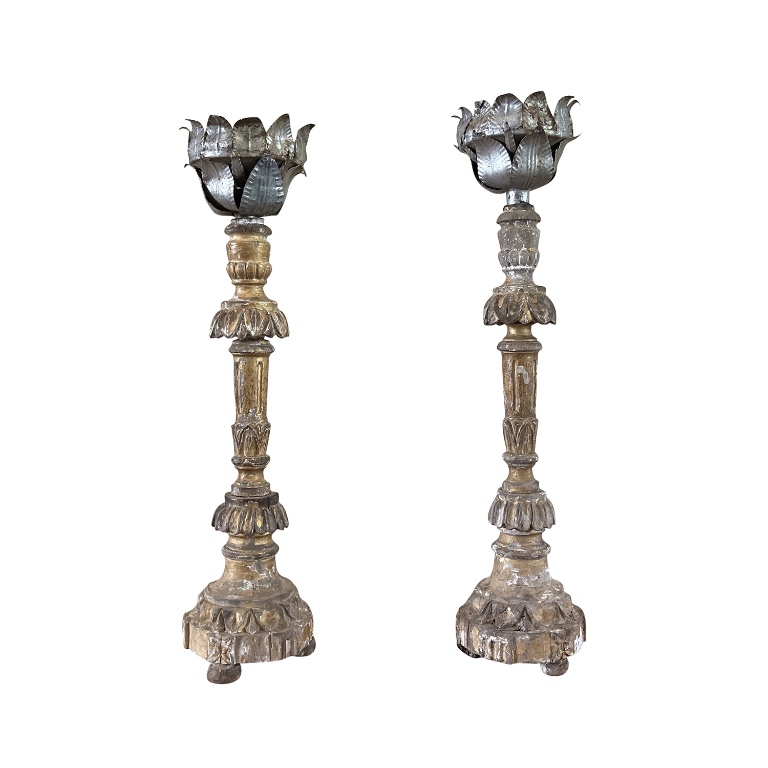 19th Century French Pair of Antique Pinewood Candle Holders