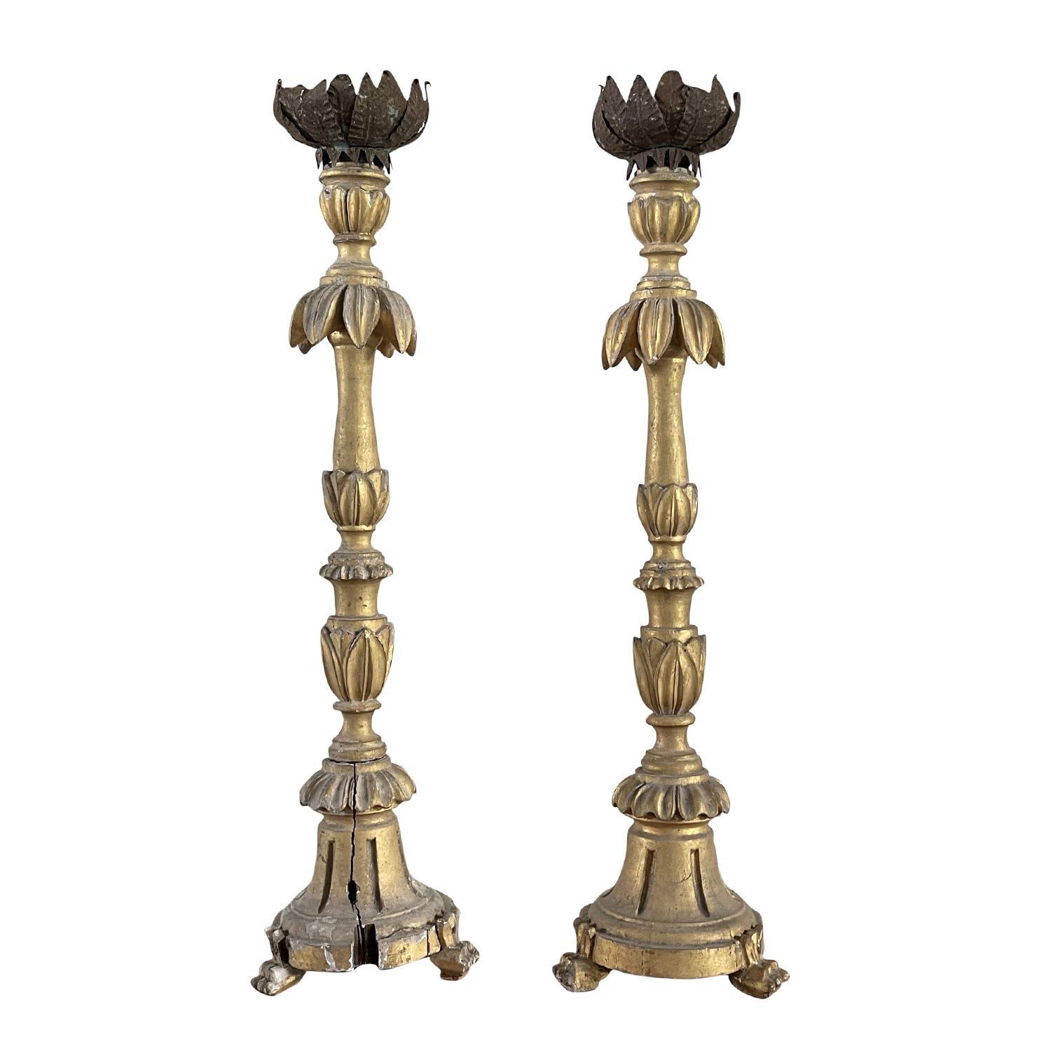 19th Century French Pair of Antique Gilded Pinewood Candle Holders